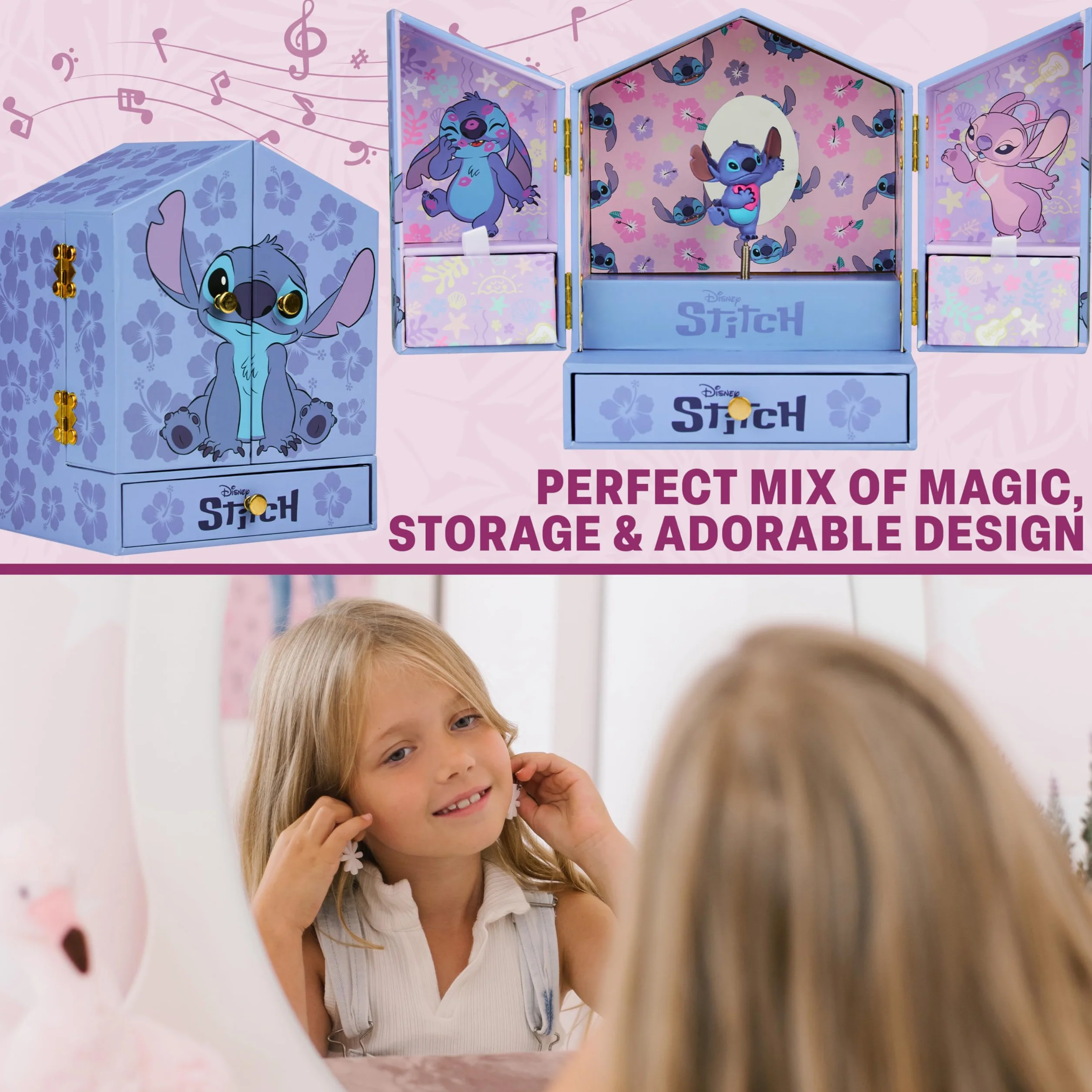 Disney Stitch Joyero Musical Niña Caja Decorativa con Espejo y Cajones Azul
