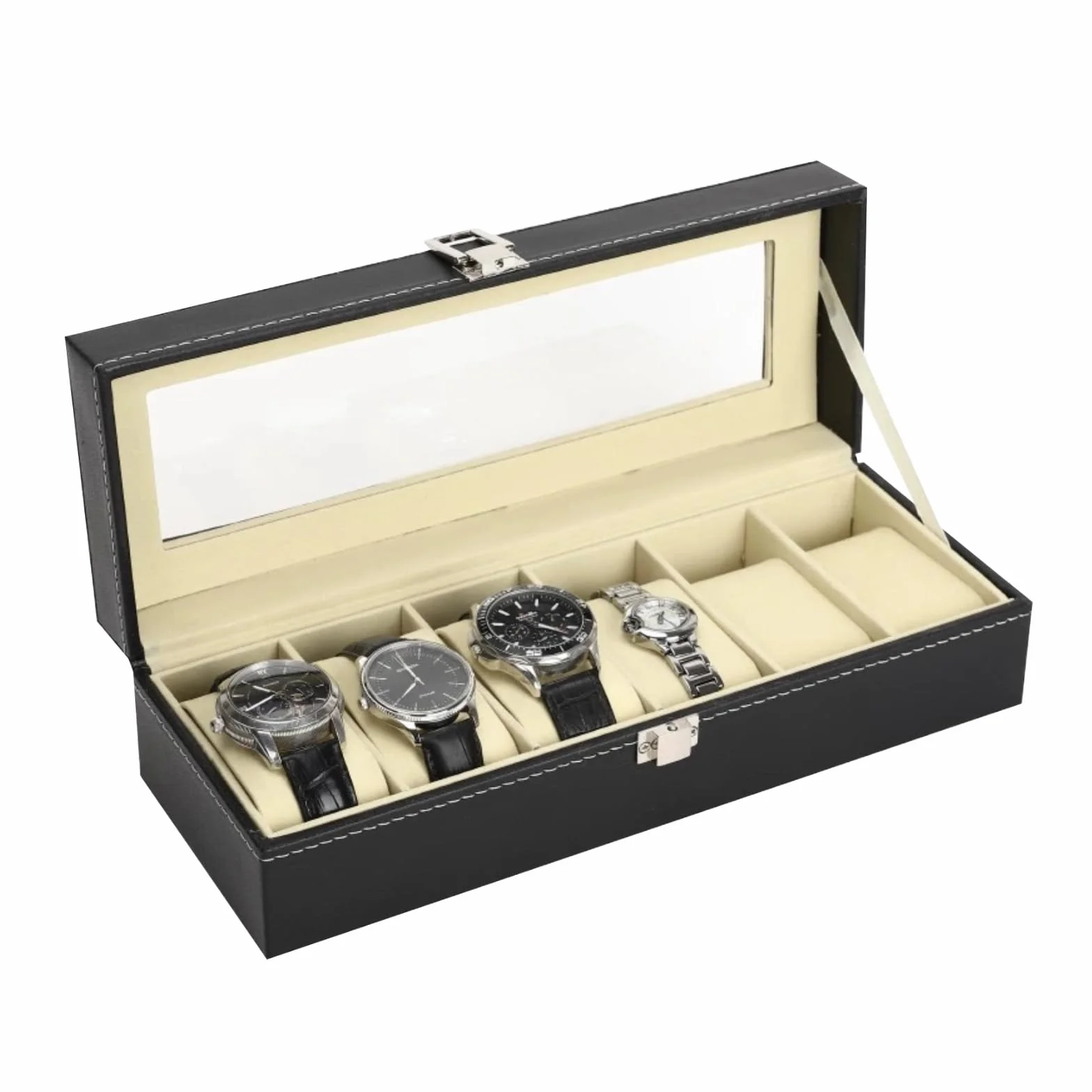 Estuche para Relojes con 6 Compartimentos, Tapa de Cristal, Organizador, Regalo Hombre, Negro