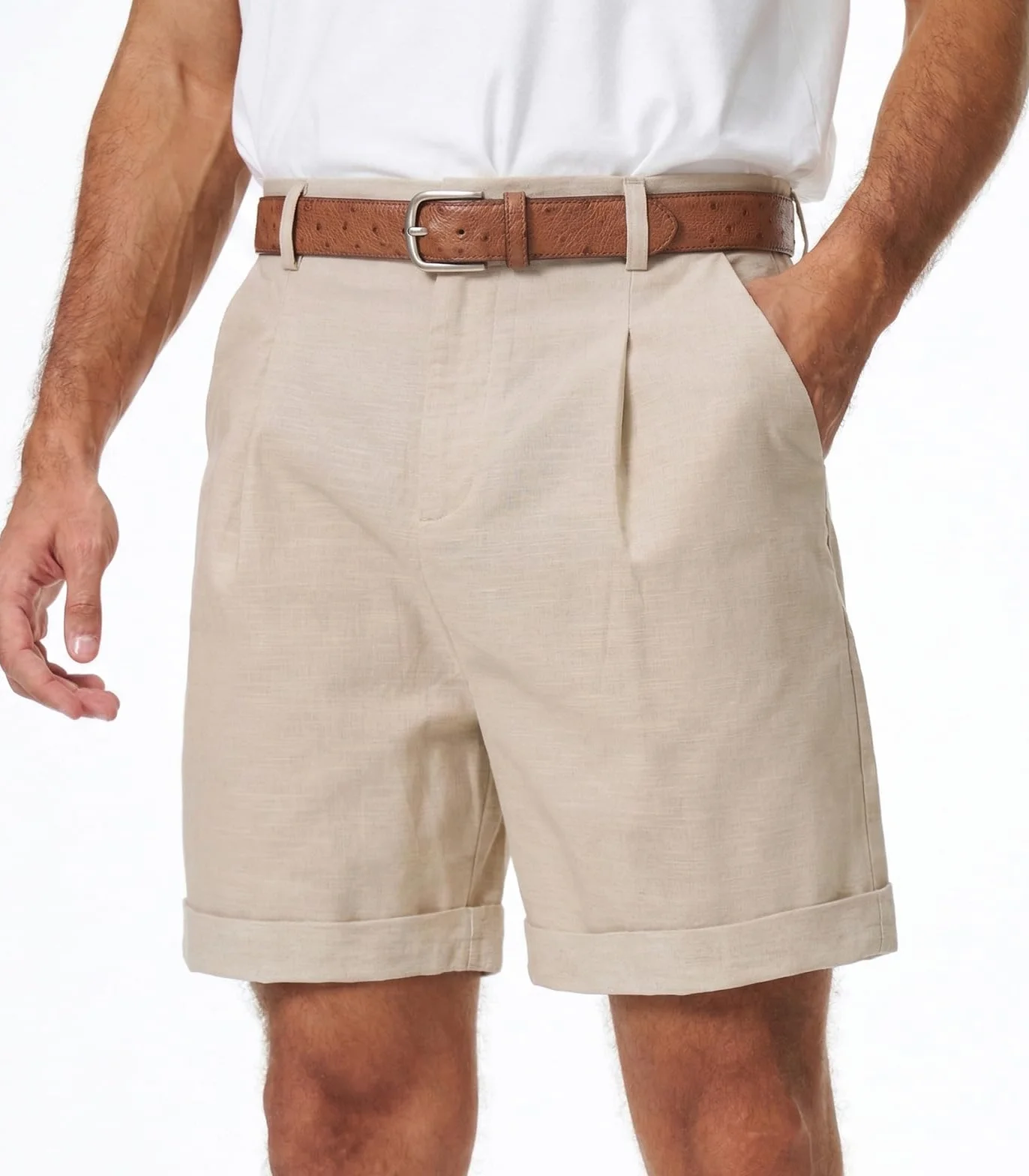 Pantalones Cortos de Algodón y Lino Bermudas Hombre Verano Chinos Clásico con Bolsillo