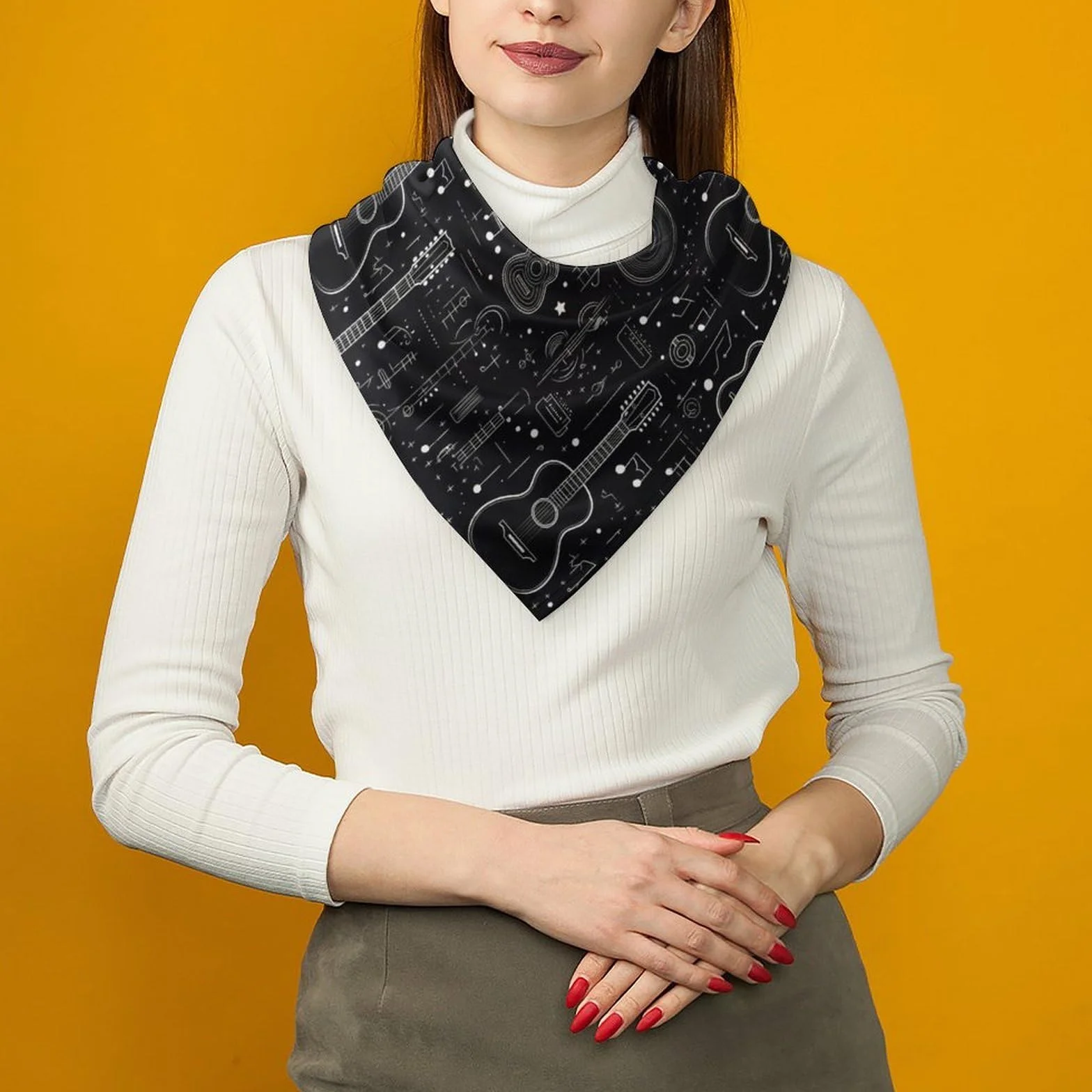 Bandanas negras con estampado de guitarra para mujeres y hombres, bandana de seda, pañuelo para la cabeza, pañuelo para el cabello