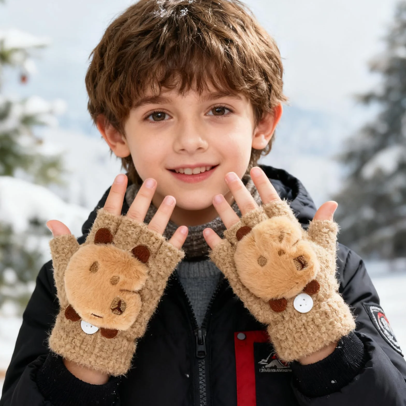 Guantes Sin Dedos para Niños Capibara, Guantes Térmicos Invierno Flip Top, Manoplas Niño 7-13 Años