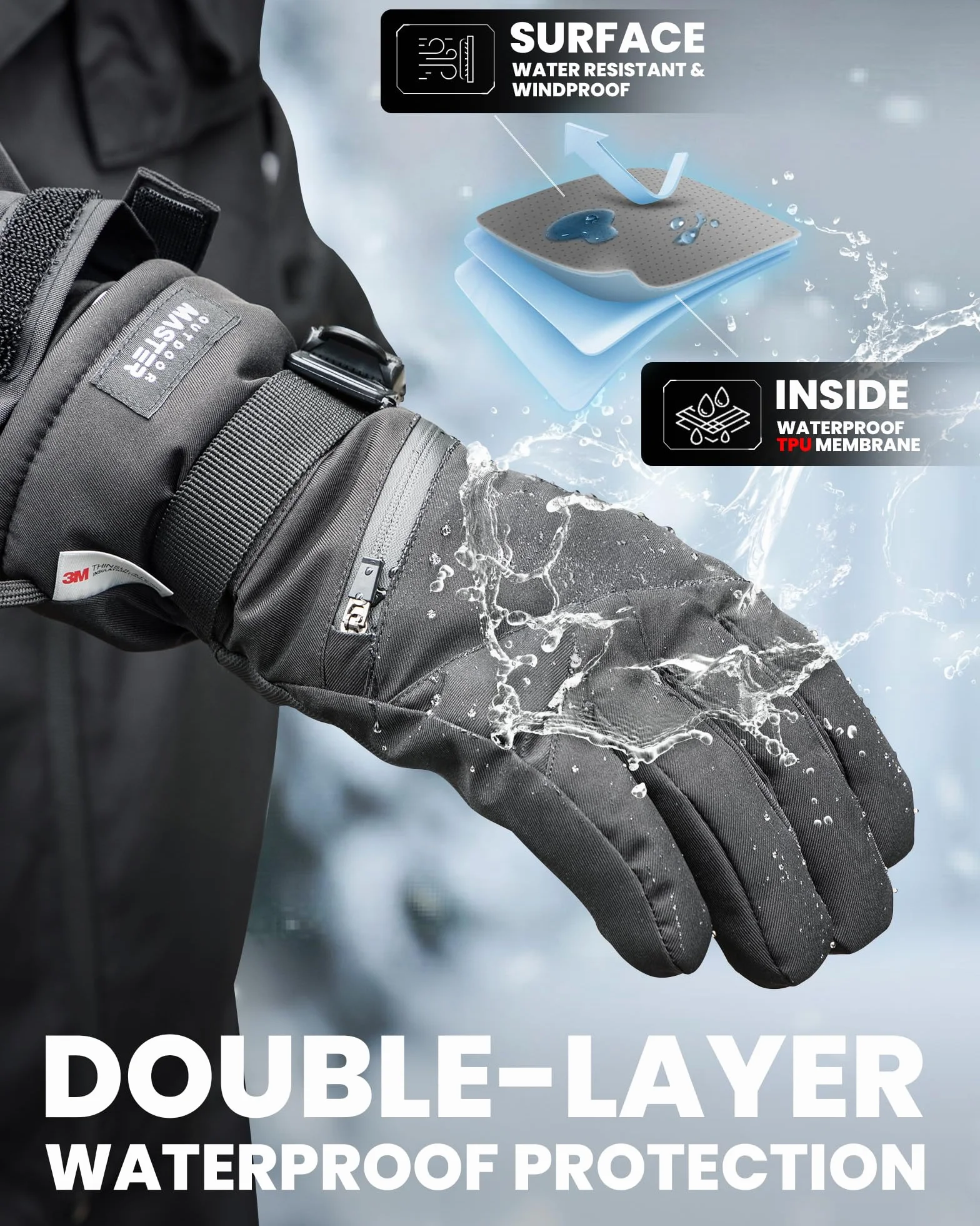 OutdoorMaster 3M Thinsulate - Guantes de Nieve para Mujer y Hombre, Guantes de Snowboard cálidos para Invierno, Impermeables, térmicos con Doble Bolsillo para esquí, Snowboard, Deportes de Invierno
