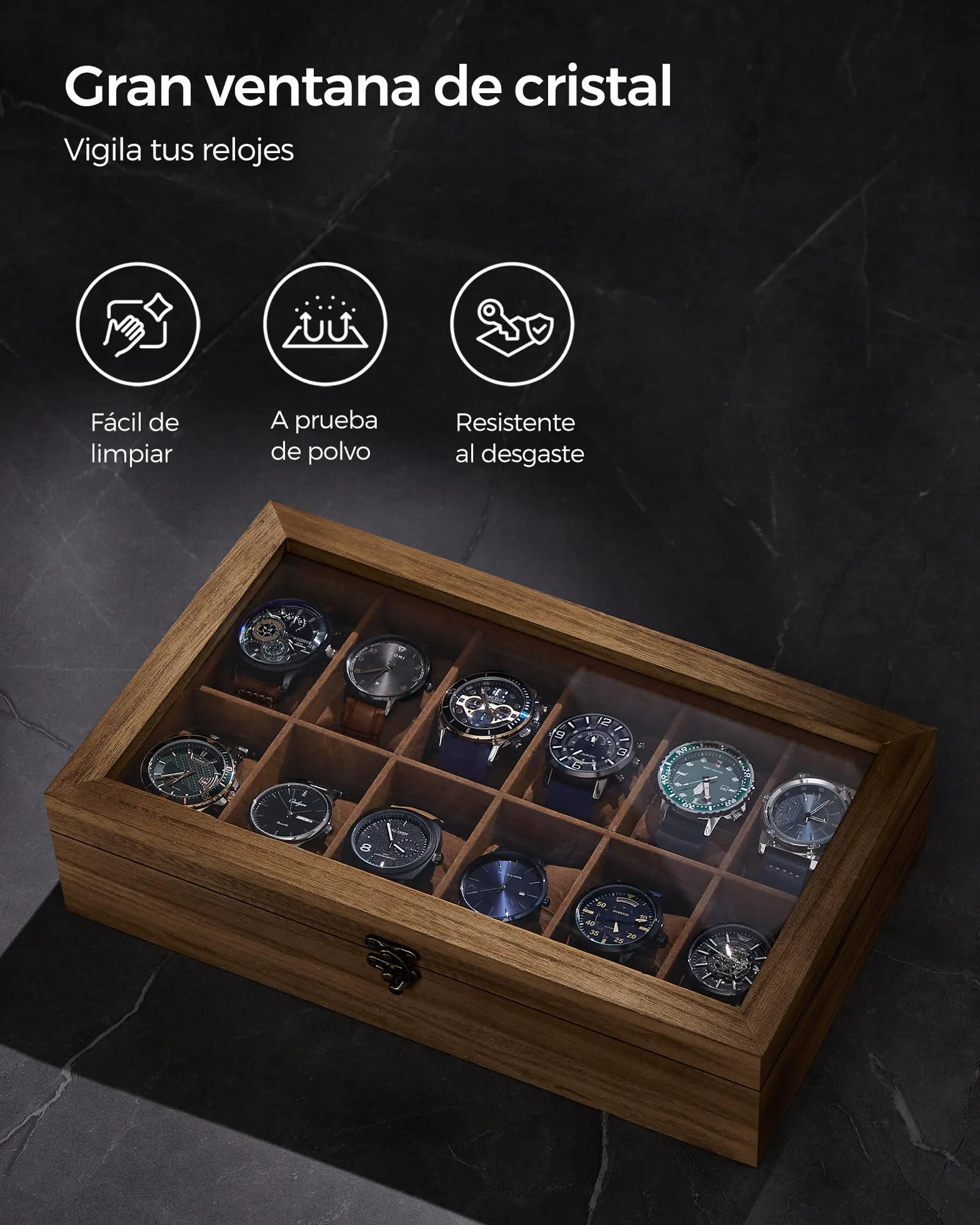 SONGMICS Caja para Relojes 12 Compartimentos Madera Maciza Tapa Cristal Nogal Rústico JOW120K01