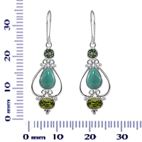 925 Sterling Silver Turquoise, Peridot, Green Amethyst Dangle Earrings