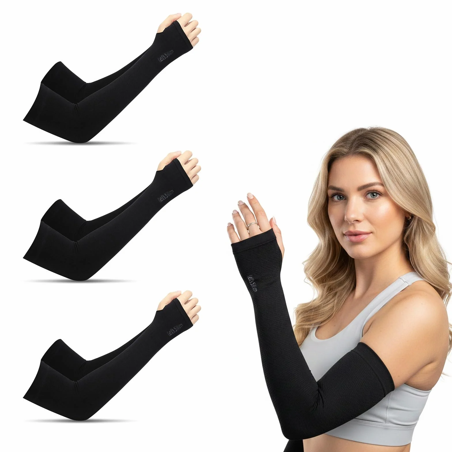 Manguitos Running Unisex Voleibol Mangas Brazos Protección UV Ciclismo Compresión Elástica Transpirable Negro