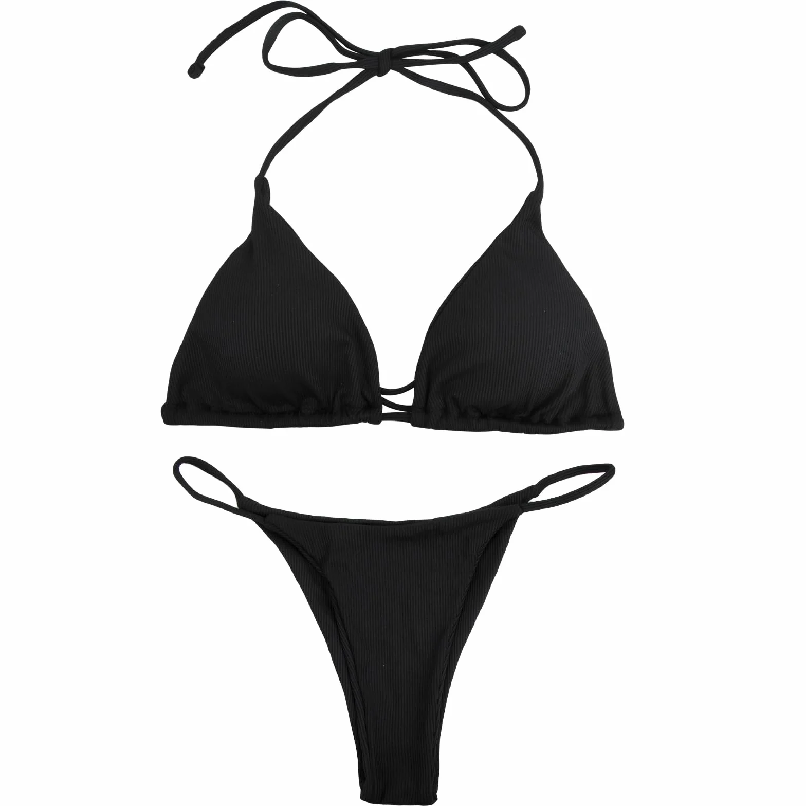 Mujer Bikini Sets Tiras Ajustable Traje Bañador Halter Dos Piezas con Relleno Negro