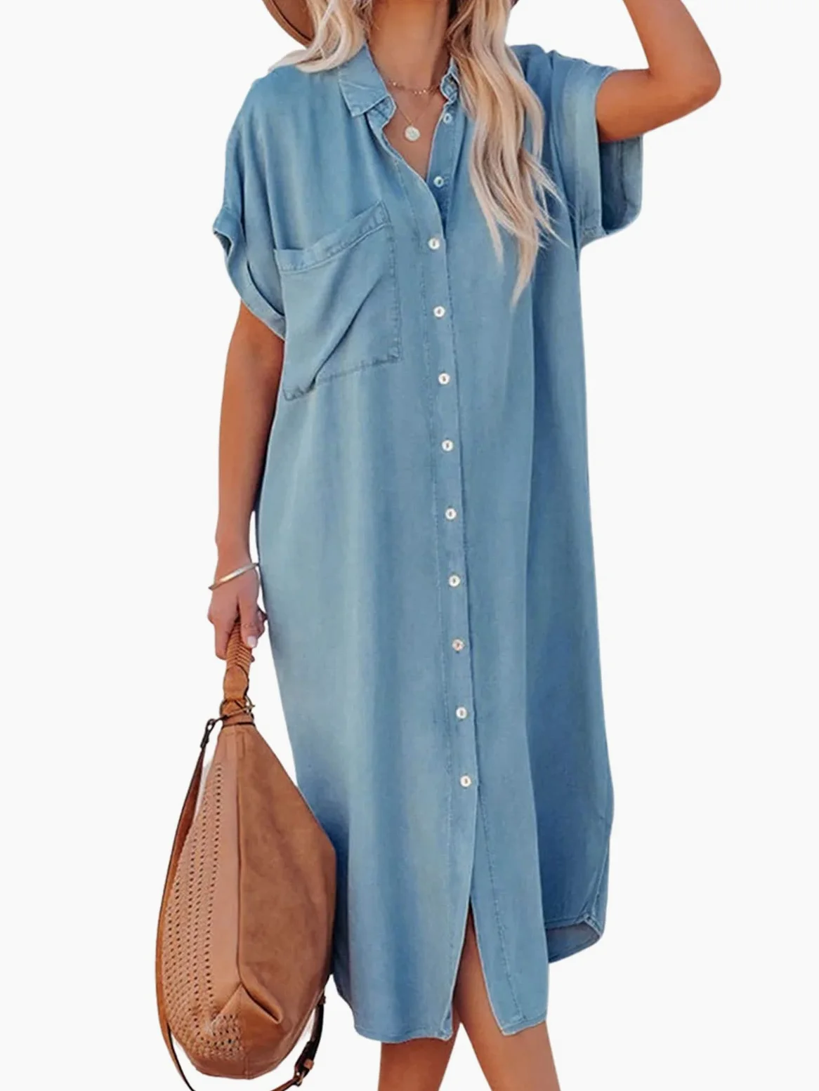 CUPSHE Vestido, Manga Acampanada, Vestido con Botones, Manga Corta, Cuello en V, Vestidos camiseros Informales para Mujer