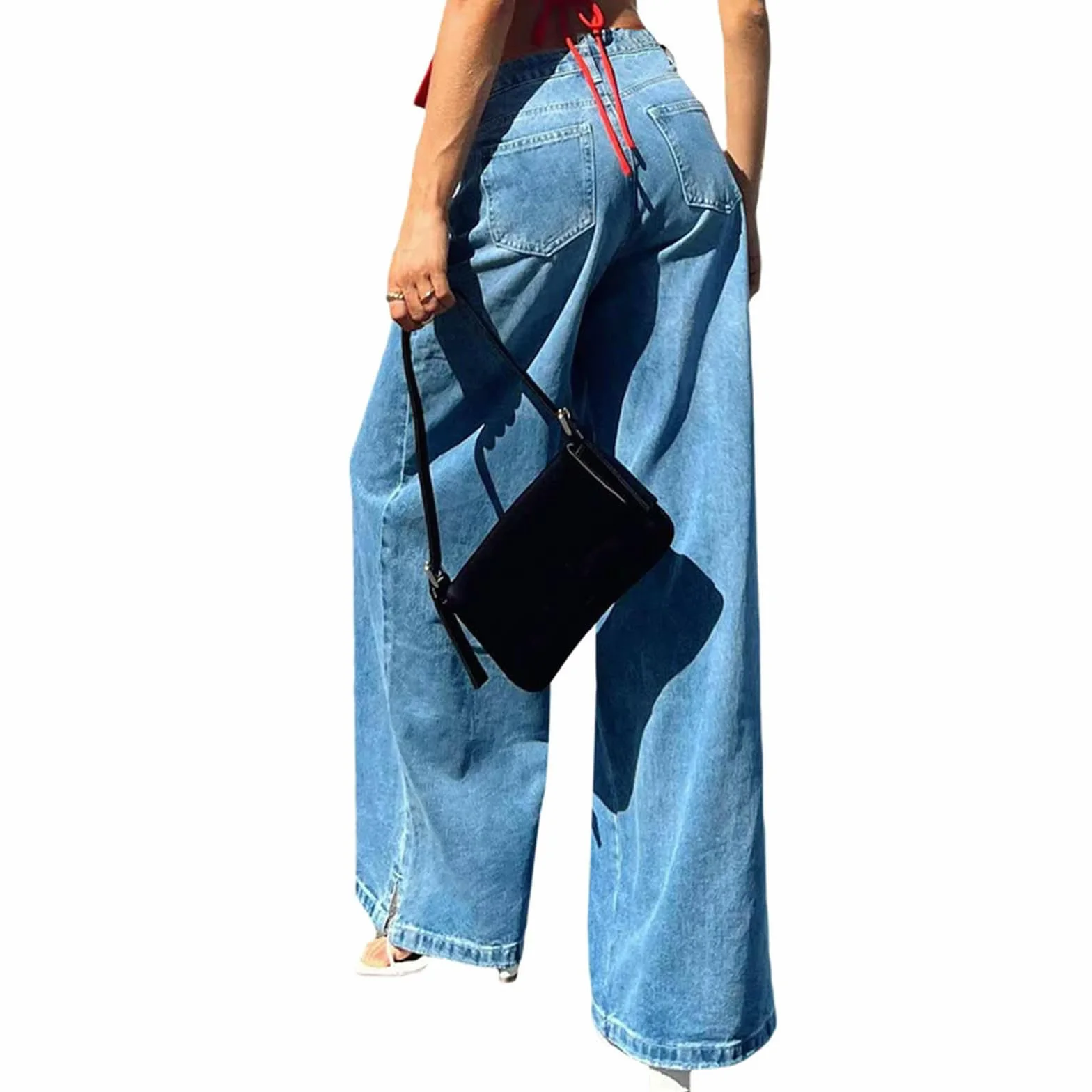 Pantalones Vaqueros de Mujer Mezclilla Pierna Ancha Elásticos Color Sólido con Bolsillos
