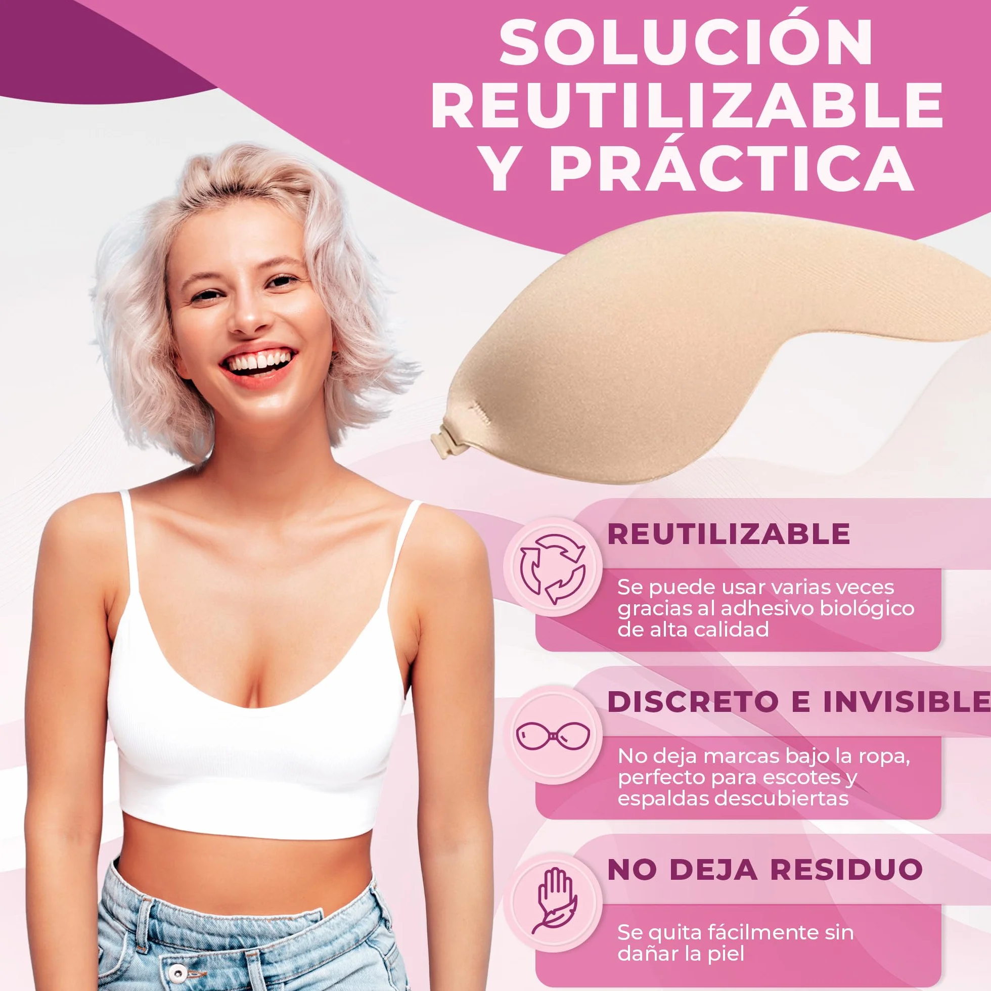 Sujetador Invisible Push Up Adhesivo Hipoalergénico Reutilizable Realce Natural Beige y Negro