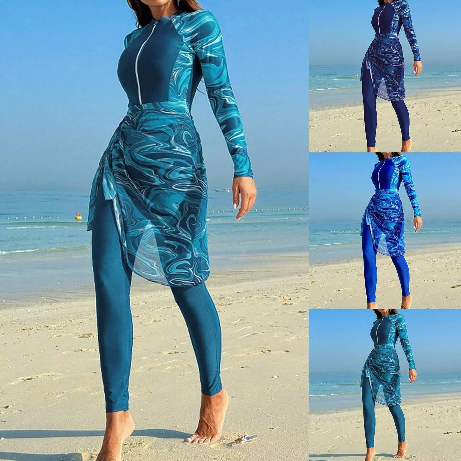 Burkini Mujer Musulmana Protección Solar Cuerpo Completo 3 Piezas Manga Larga Traje Baño