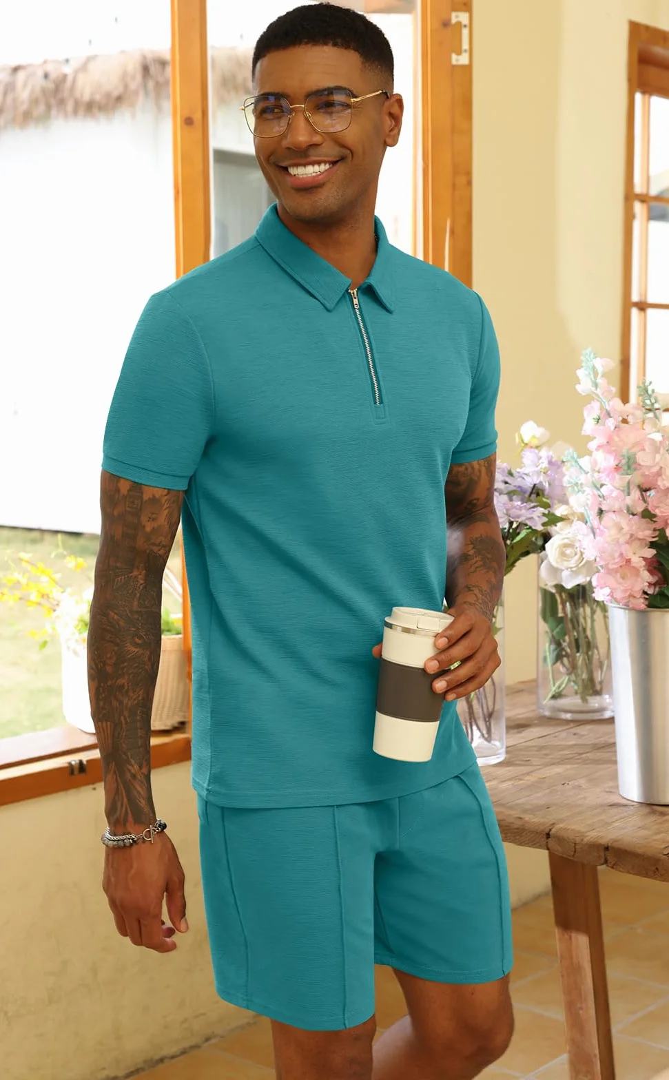 CTU Chándal para hombre 2 piezas camiseta polo pantalones cortos traje verano ropa deportiva