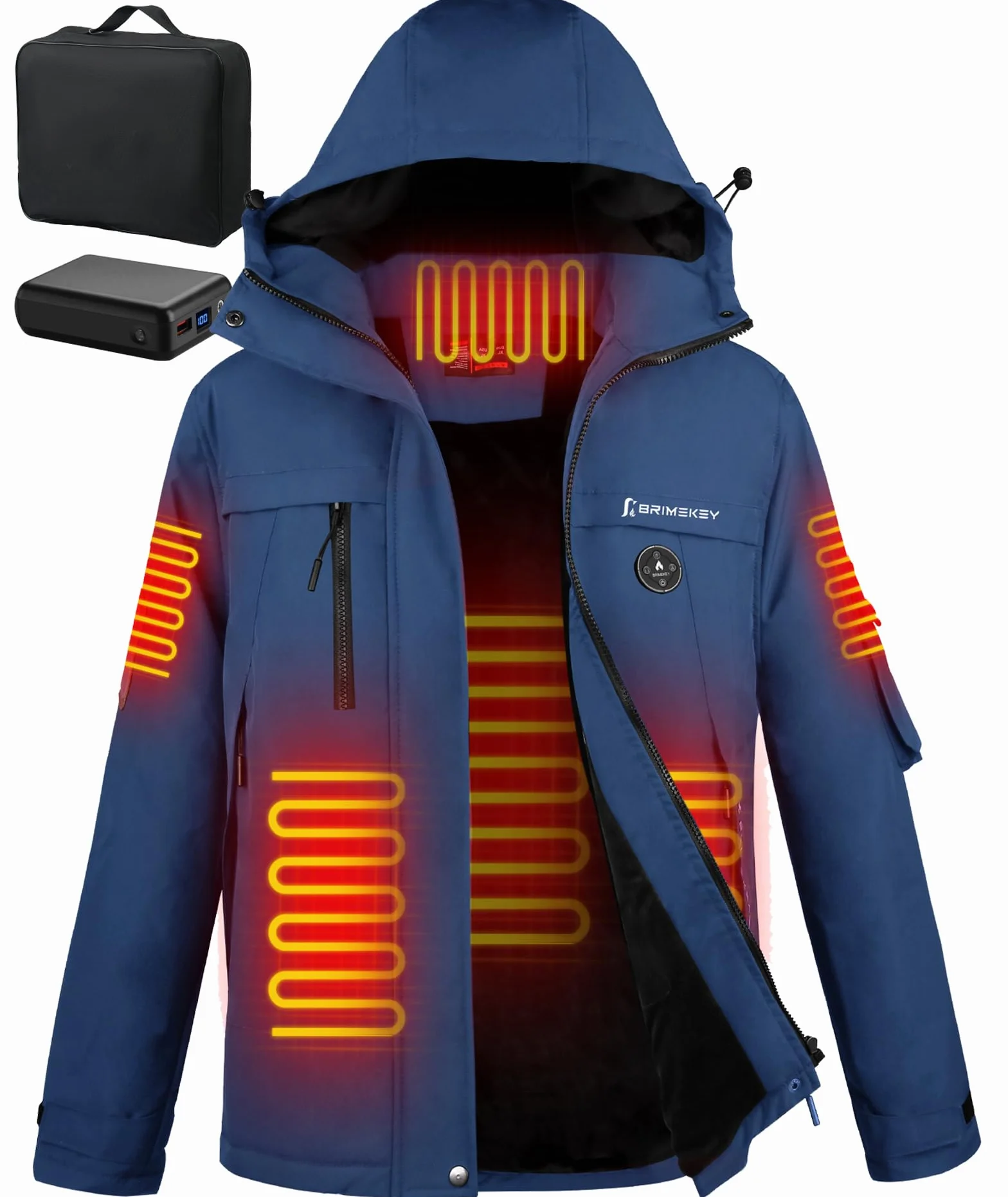 Chaqueta Calefactable Hombre con Batería 7,4V 12000mAh, 6 Zonas de Calor, Impermeable Antiviento para Ski Senderismo Camping
