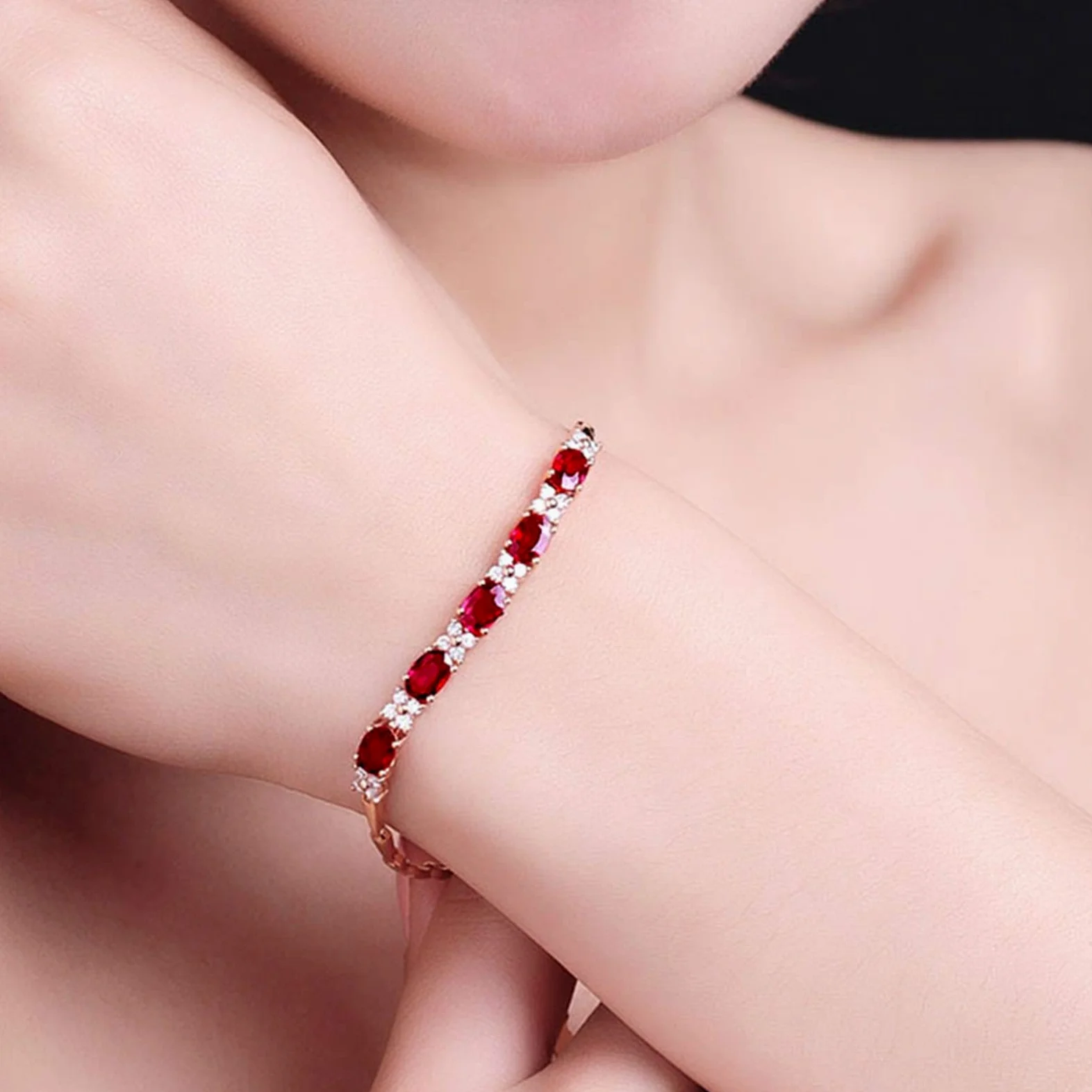 YCTTKDD Pulsera de Oro Rosa Rubí para Mujer, Pulsera de Cadena para Mujer Eslabón de Barra con Pulsera de Rubí 2.31ct 17CM