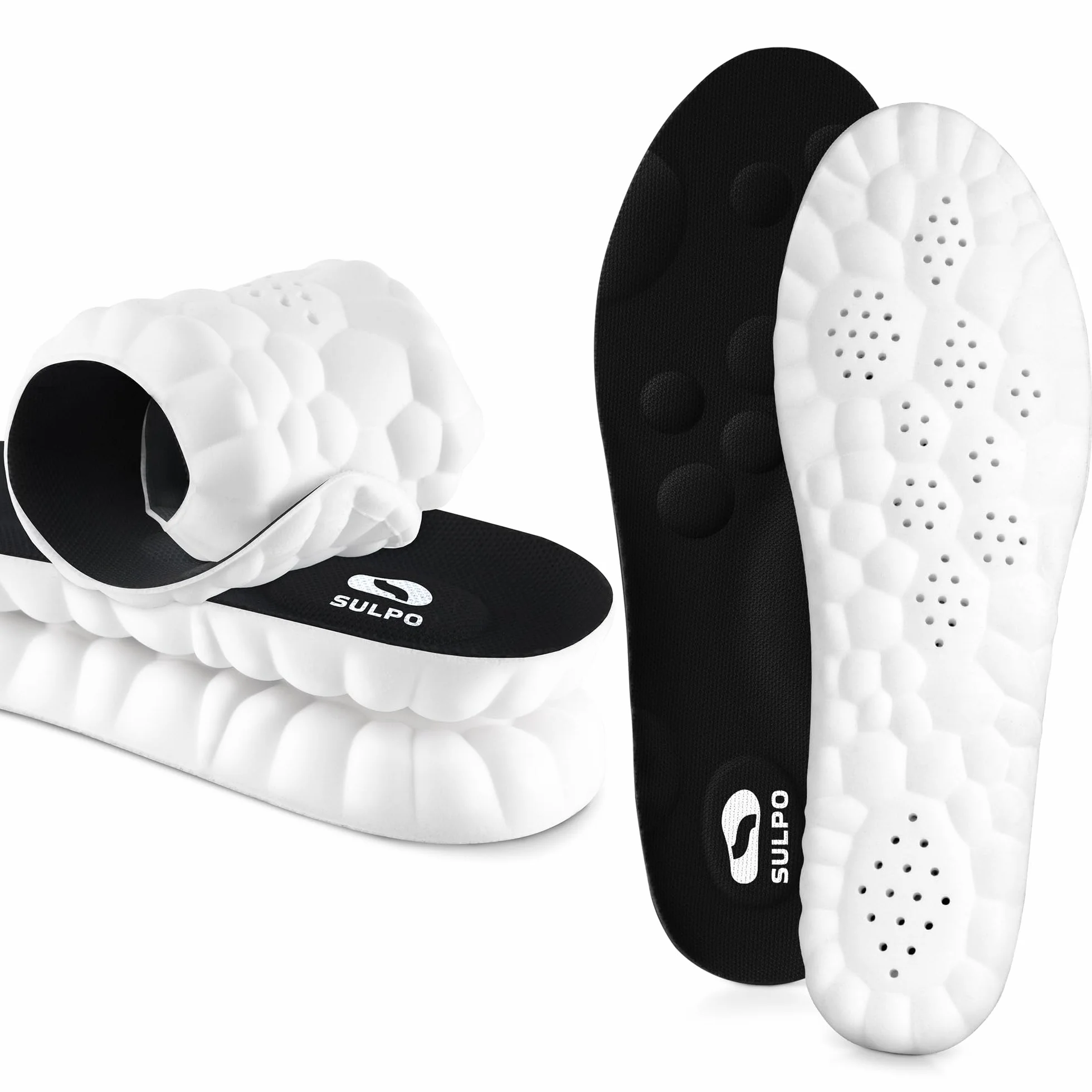 SULPO SPORT Plantillas memory foam para deporte, trabajo y uso diario - Plantillas fascitis plantar - Plantillas ortopédicas transpirables, amortiguadoras y ligeras - 43-44 / XL - Negro