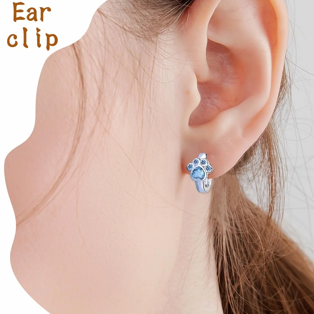 Aretes de pata de gatos con diseño huella Cristal Circonita, Joyería Elegante para niña, Azul Brillante
