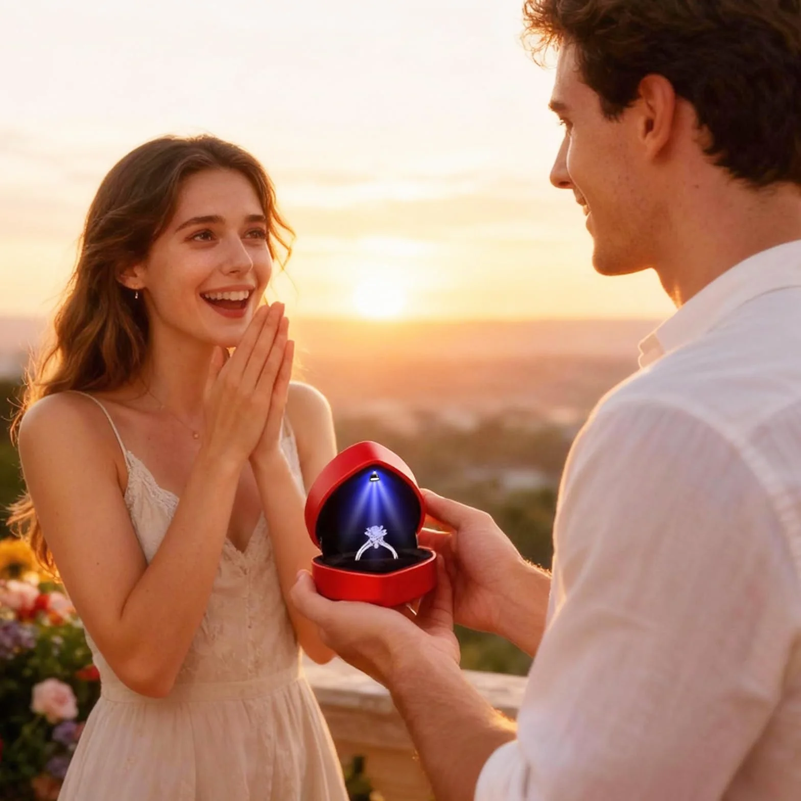 Caja de anillo con luz LED en forma de corazón para propuesta de boda San Valentín