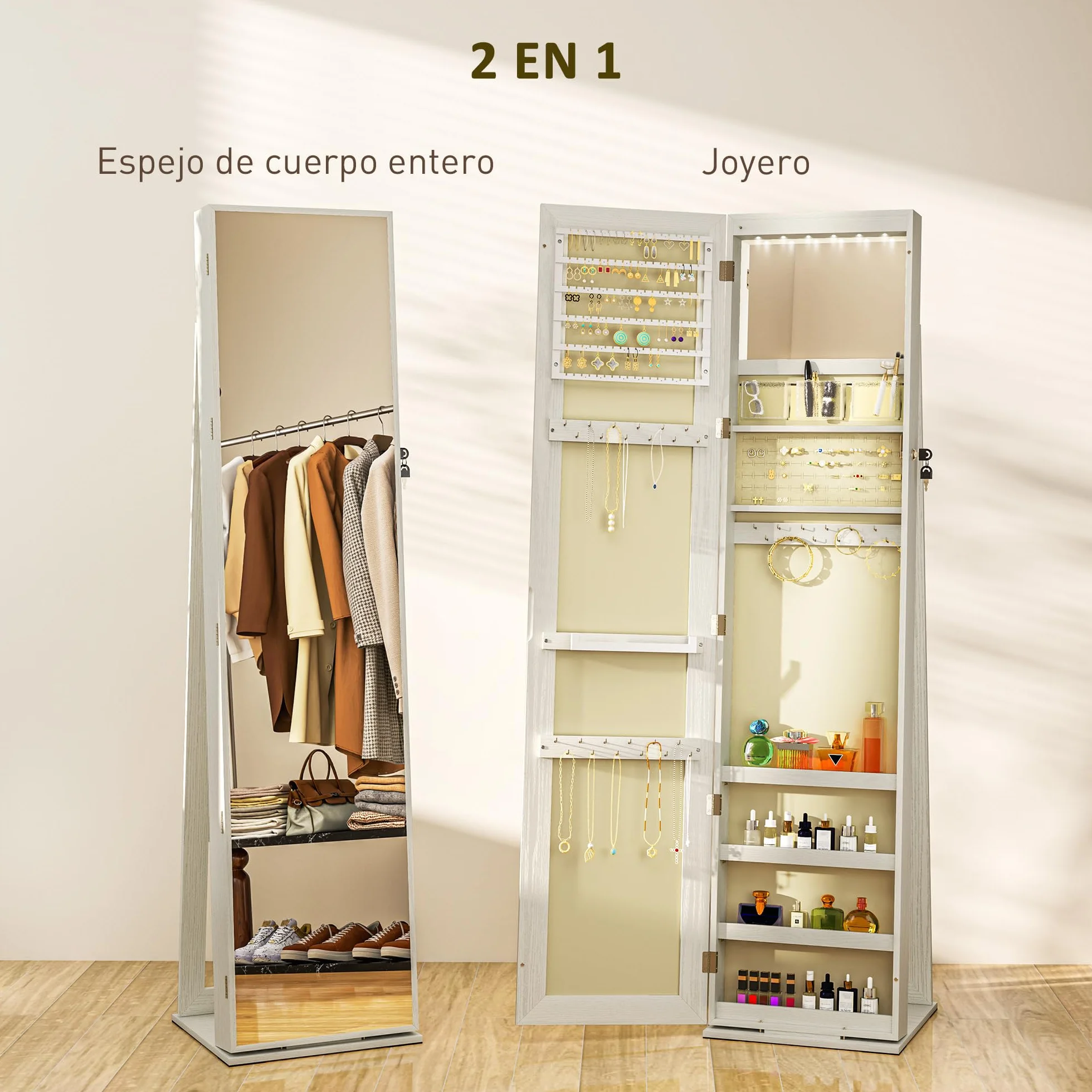 HOMCOM Espejo Joyero de Pie con Luces LED y Cerradura Armario de Joyas Blanco Veta Madera
