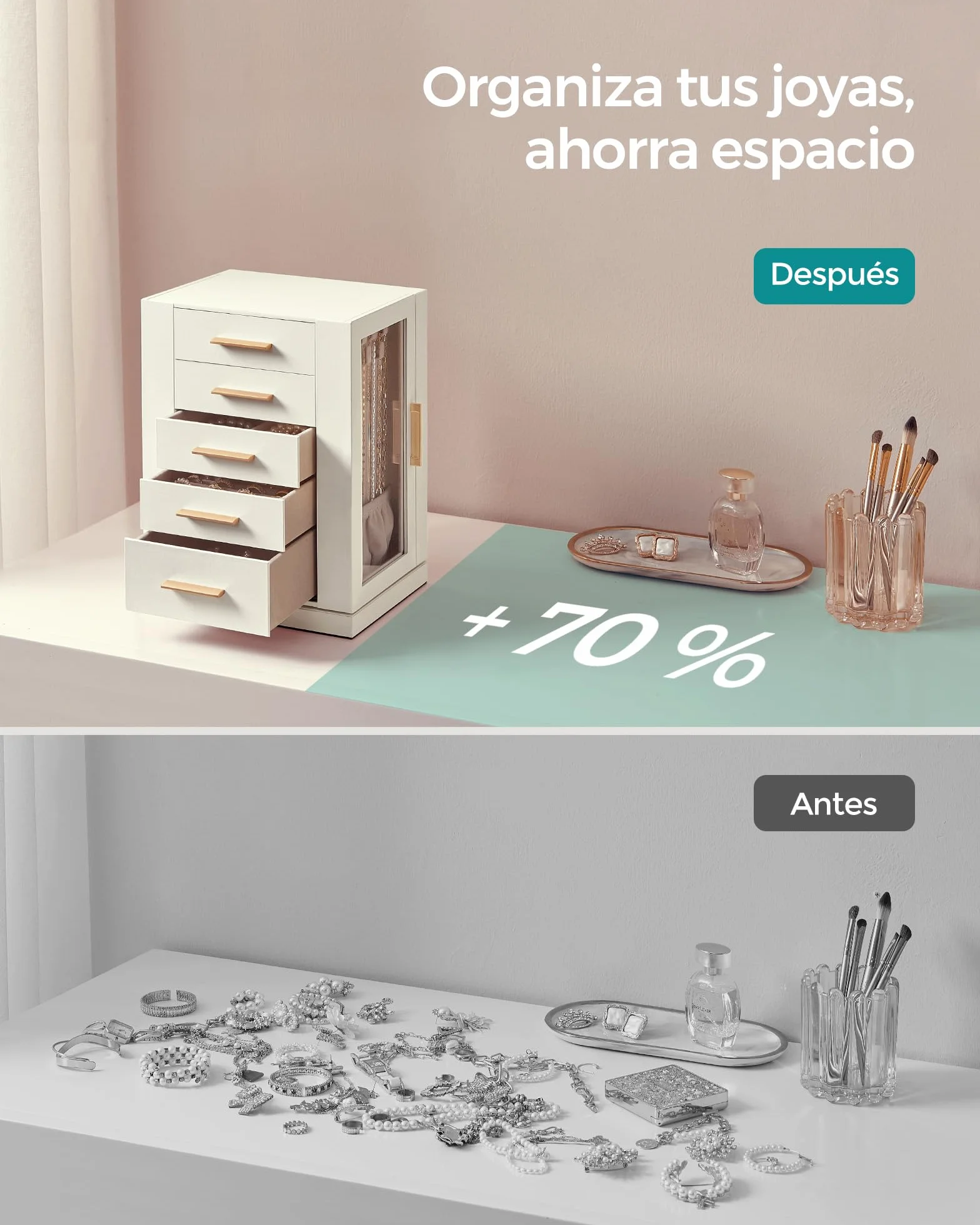 SONGMICS GISELLA Caja Joyero Giratorio 360° 5 Cajones Ventanas de Cristal Blanco Nube JBC170W01