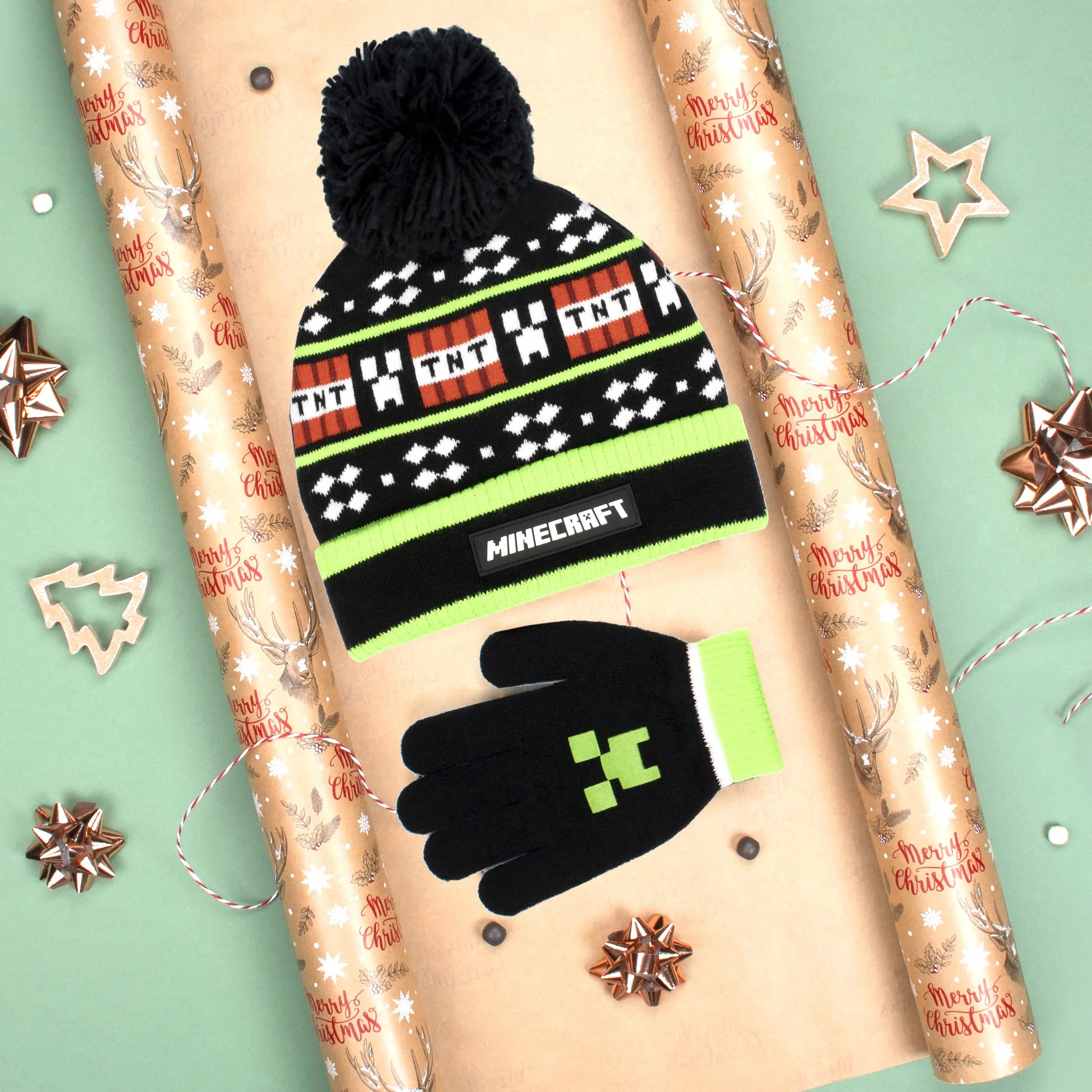 Minecraft Gorro y Guantes de Lana Negros para Niños - Diseño de Píxeles - Talla Única 6-12 Años - Mercancía Oficial