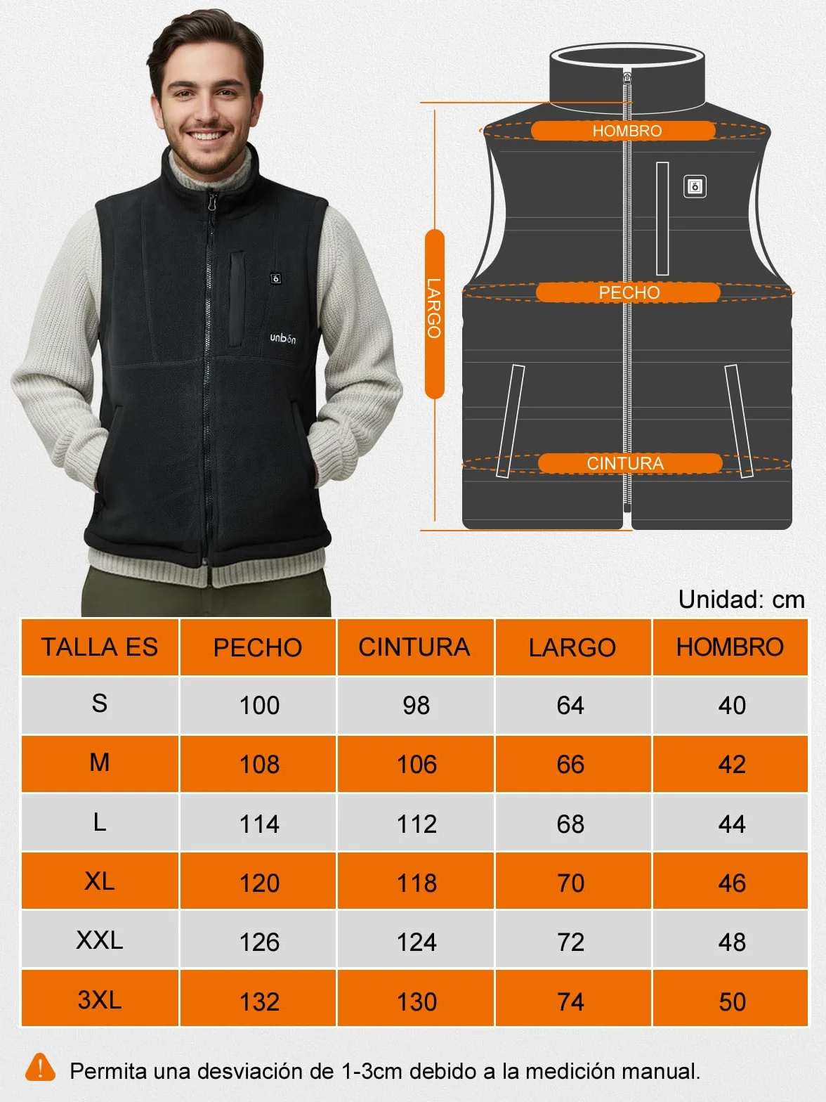 UNBON Chaleco Calefactable Hombre Batería USB 10000mAh 3 Temperaturas 6 Zonas Calefactables