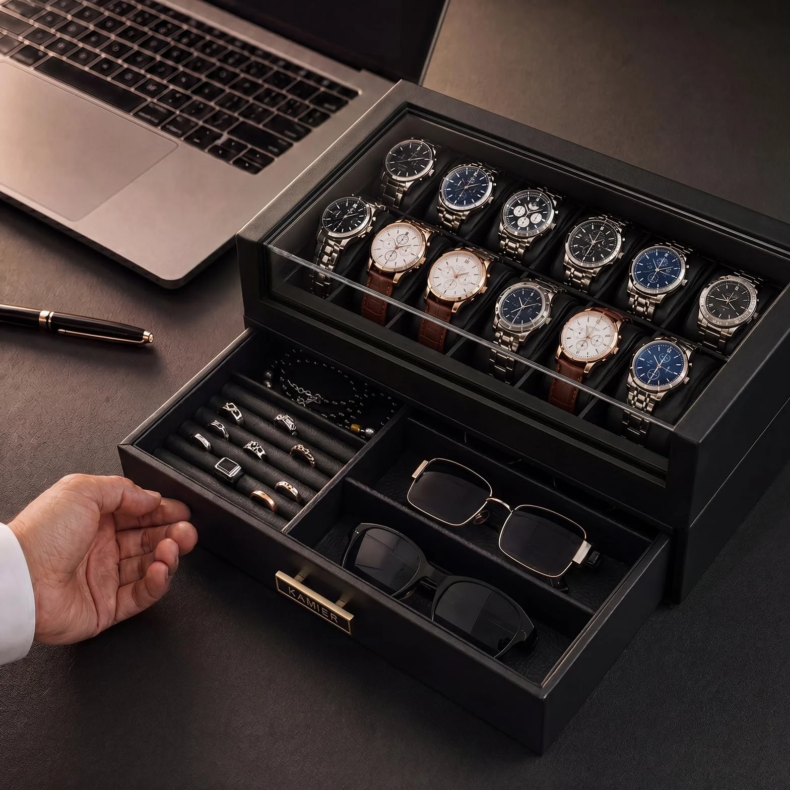 Caja de reloj de madera 12 ranuras con cajón, exhibición con tapa de cristal, soporte 2 capas para almacenamiento de joyas