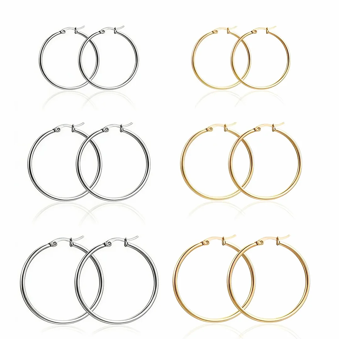 Aros de Acero Inoxidable Hipoalergénicos - 6 Pares Plata/Oro, Tallas 10/15/25mm para DIY Joyas