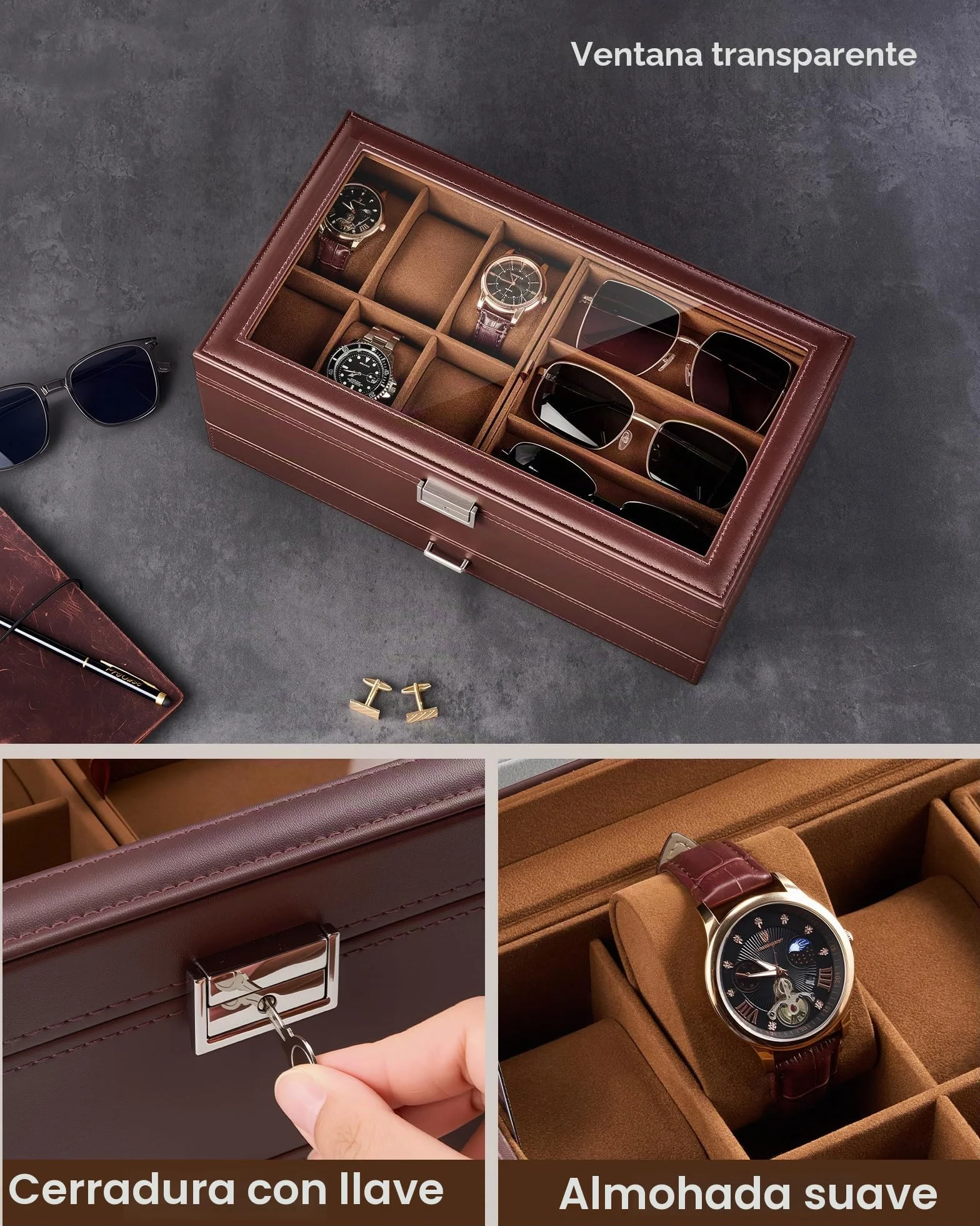 ProCase Caja Joyero para Hombres con Cerradura, 6 Espacios Relojes, PU Cuero, Marrón