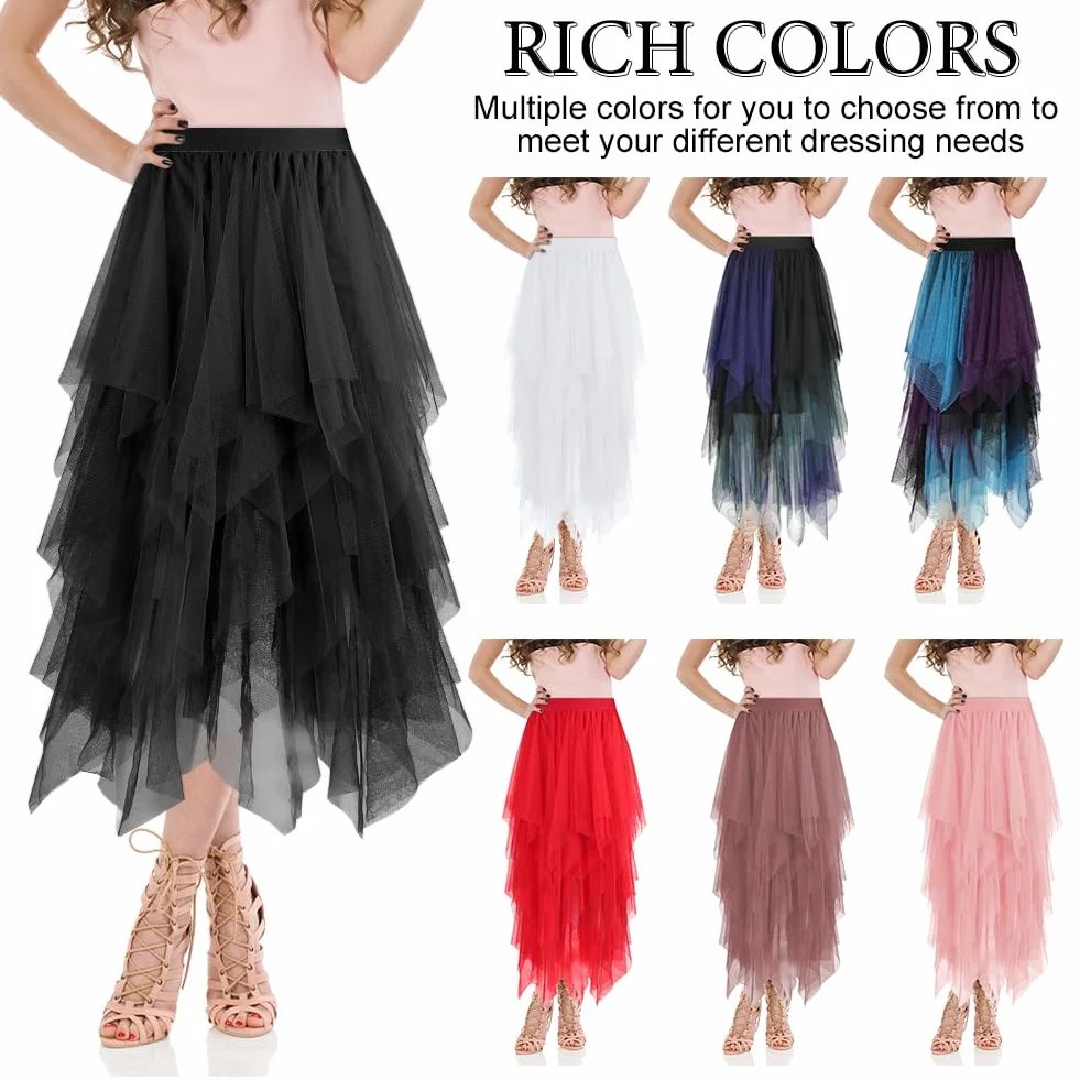 AUYAO Falda Tul Mujer Cintura Elástica Tutu Irregular Plisada Gasa Vintage Ballet Prom