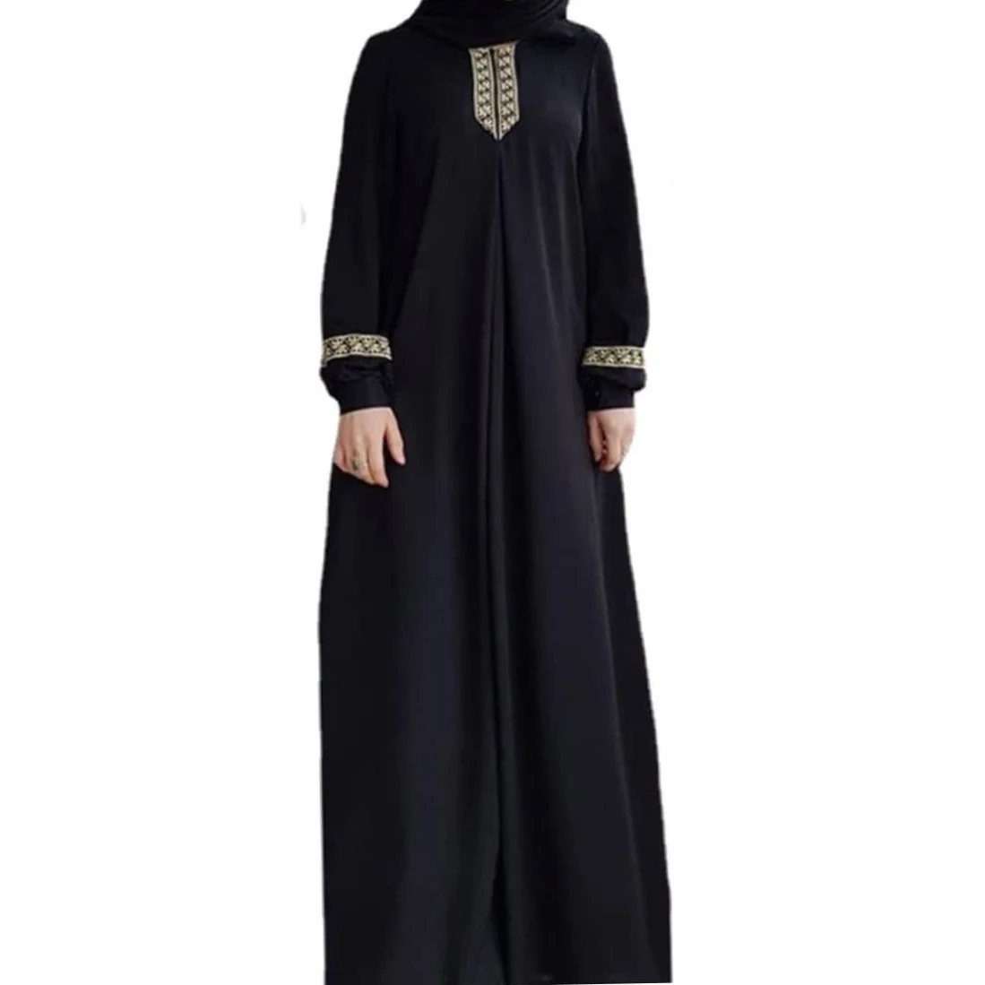 Vestido Musulmán Mujer Túnica Oración Lisa Ropa Islámica Estampada Ramadán Jilbab Negro M