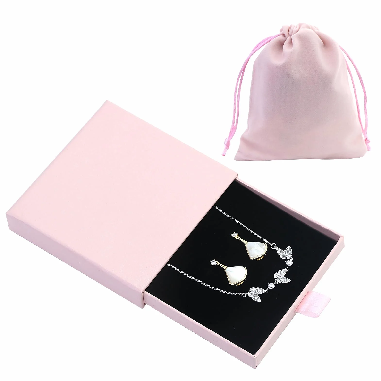 Caja de Regalo para Joyería Rosa con Bolsa de Terciopelo, Organizador de Collares, Pendientes y Anillos