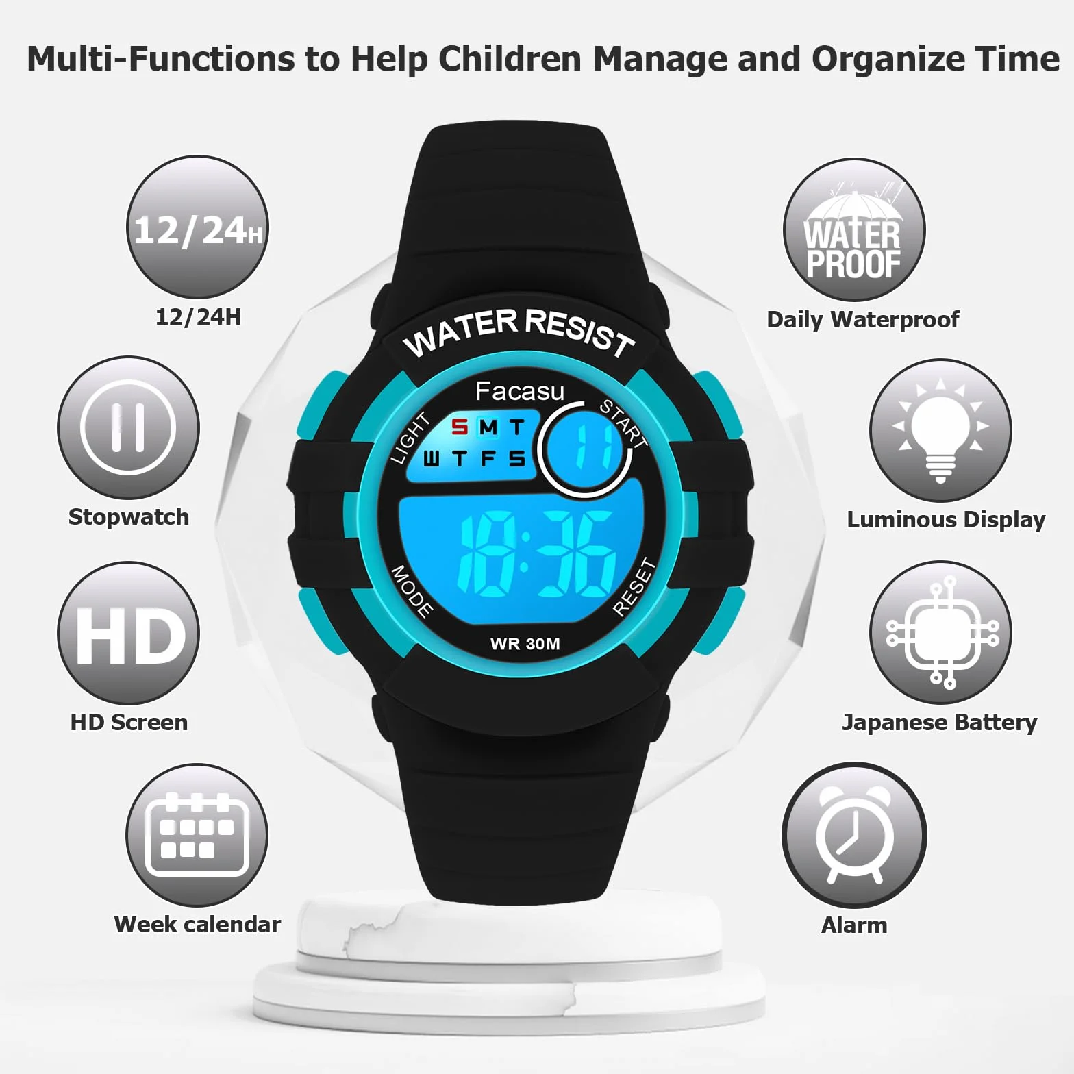Reloj Digital Deportivo para Niños Niñas Resistente al Agua 50m con Luz Colorida Cronómetro Alarma 12/24h