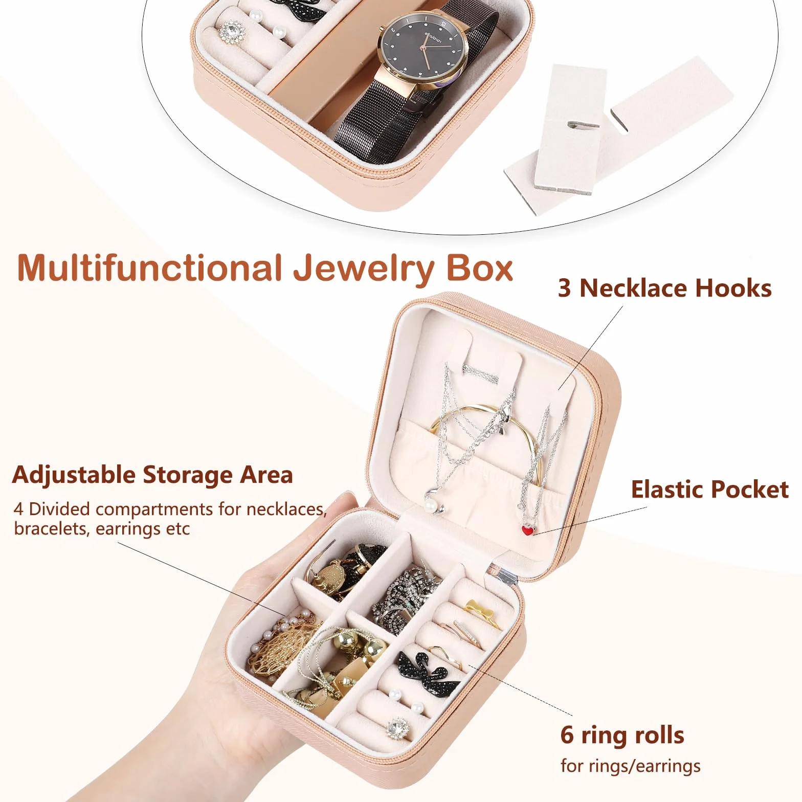 AiQInu Estuche Joyero Pequeño Doble Capa de Viaje para Mujeres, Organizador de Cuero PU para Anillos Pendientes Collar