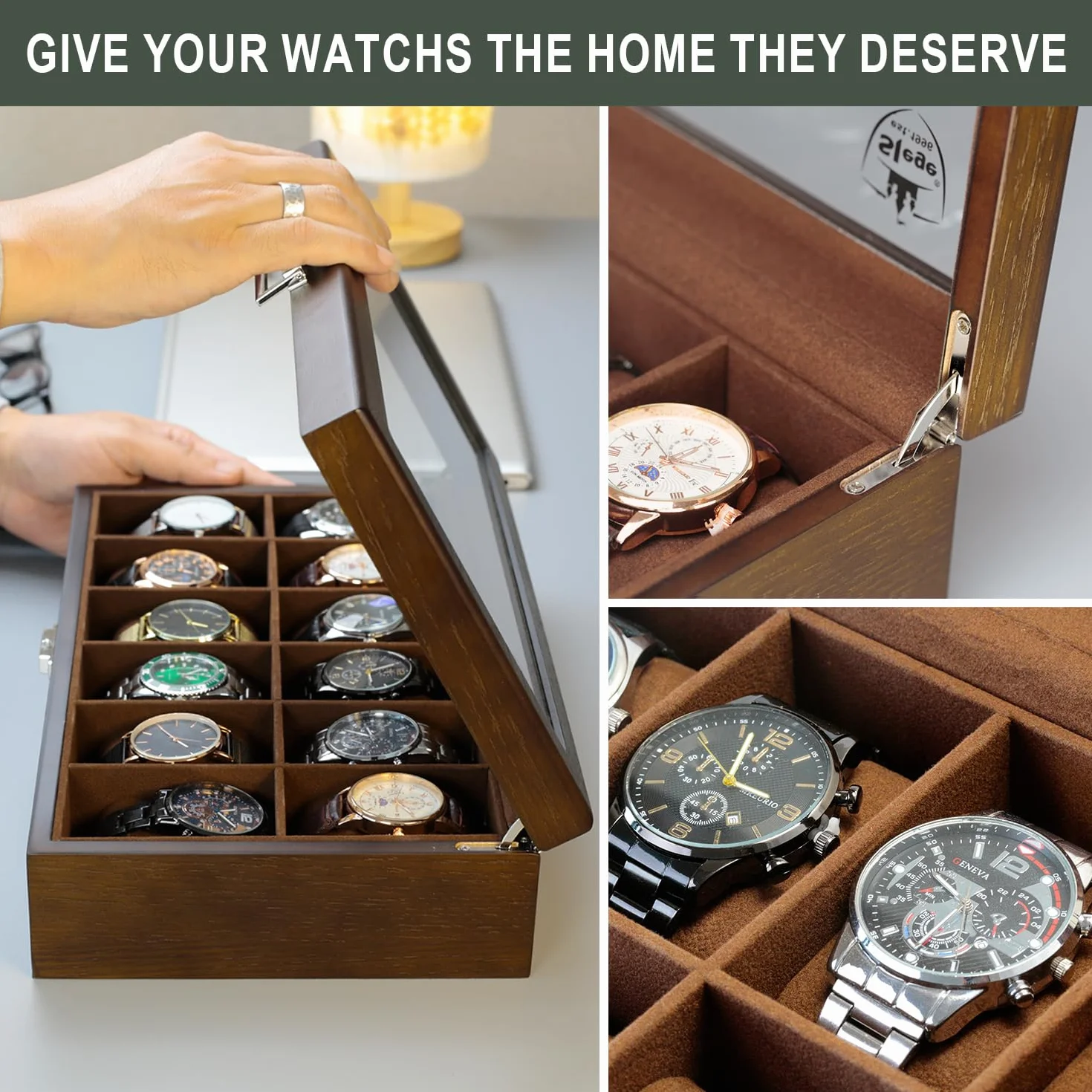 Caja de Relojes de Madera con 12 Ranuras, Estuche Relojero Organizador con Tapa de Cristal y Cojín Extraíble