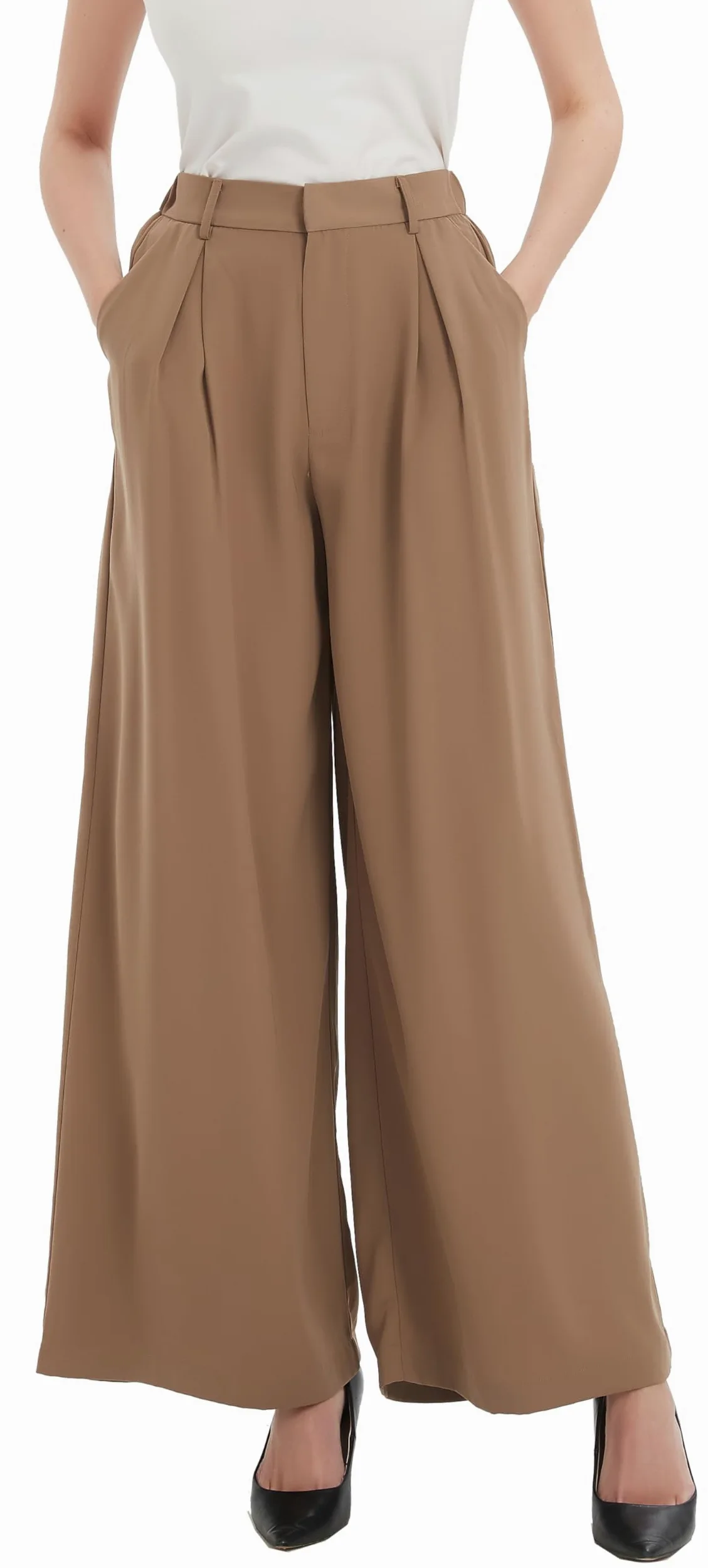 Tronjori Mujeres Pantalones Cintura Alta Casual Pierna Ancha Plisados Delanteros Pantalones con Bolsillos Laterales para Ocio Trabajo Oficina