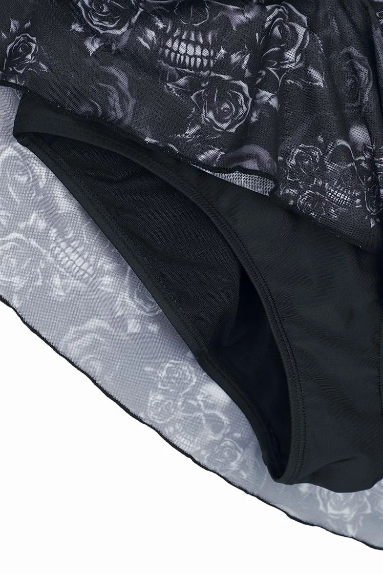 Black Premium by EMP Mujer bañador Negro Estampado Integral Calaveras Rosas