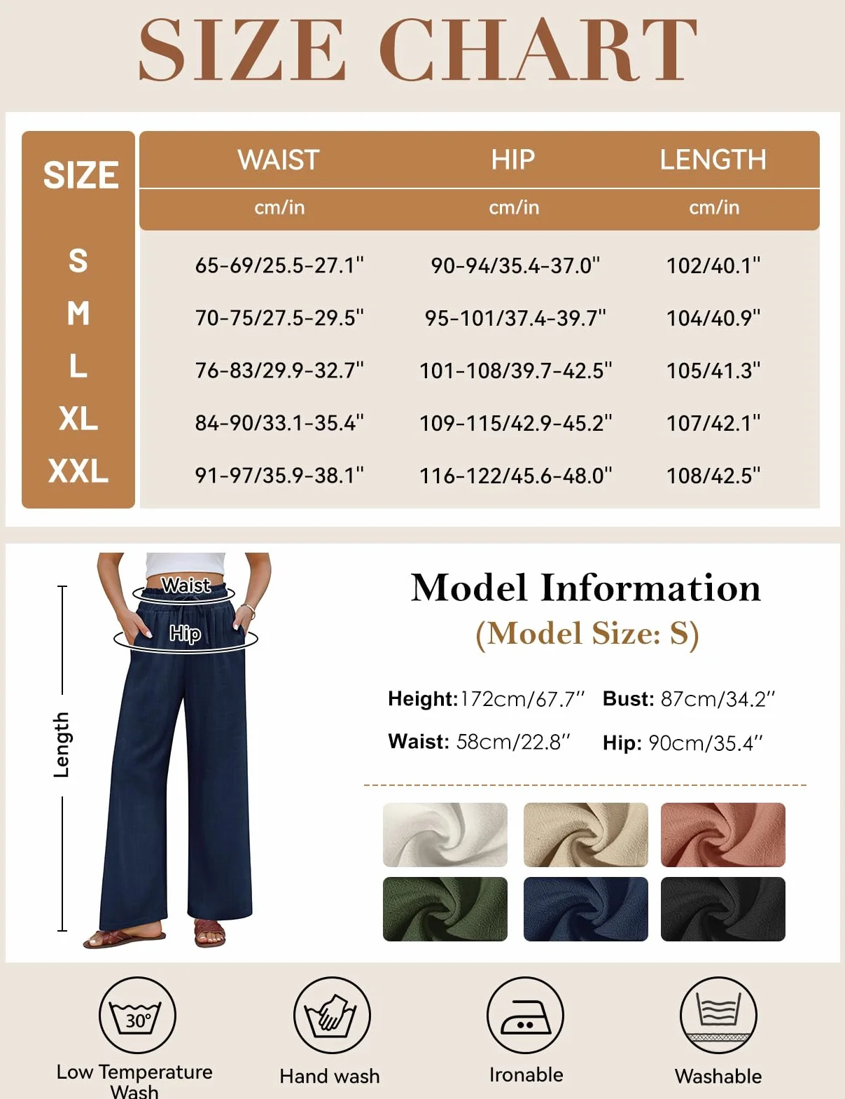 Pantalones Mujer Verano Lino Algodón Cintura Alta Elástica Anchos Casual