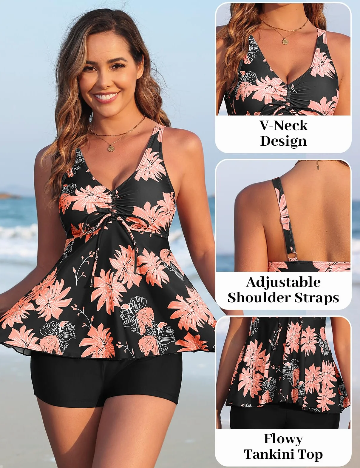 Nadeer Tankinis Mujer Traje de Baño 2 Piezas Cuello en V Push up Bikini Set Estampado Floral con Pantalones Cortos