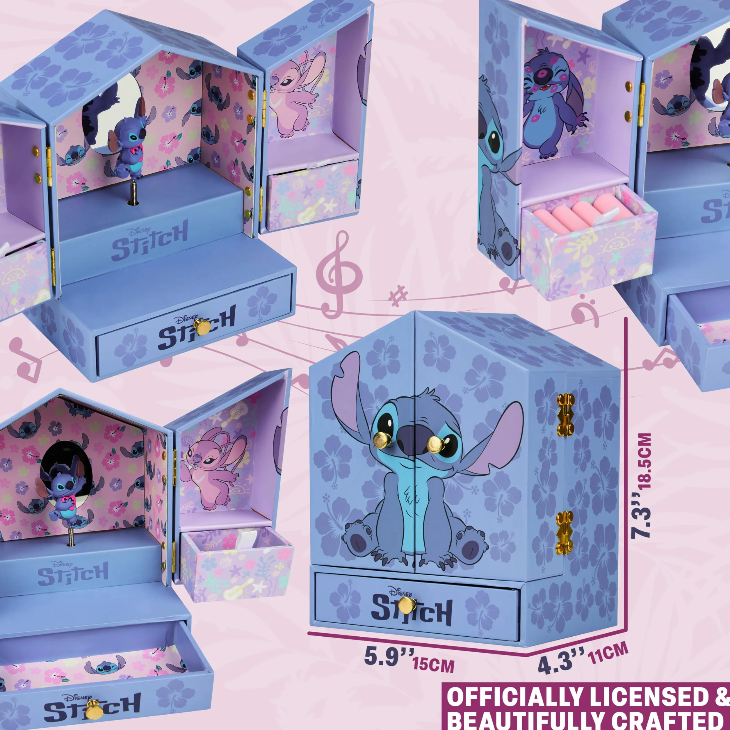 Disney Stitch Joyero Musical Niña Caja Decorativa con Espejo y Cajones Azul