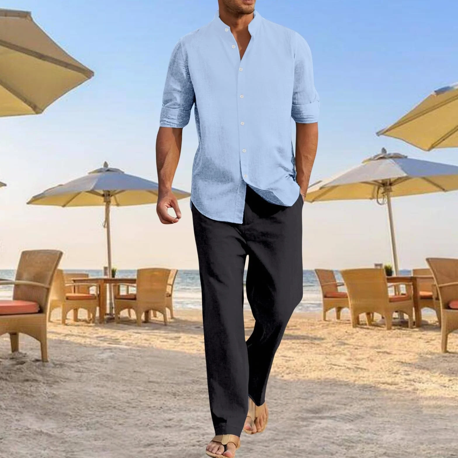 Traje de verano para hombre, camisa de lino manga larga con botón y pantalones cómodos para uso casual, playa