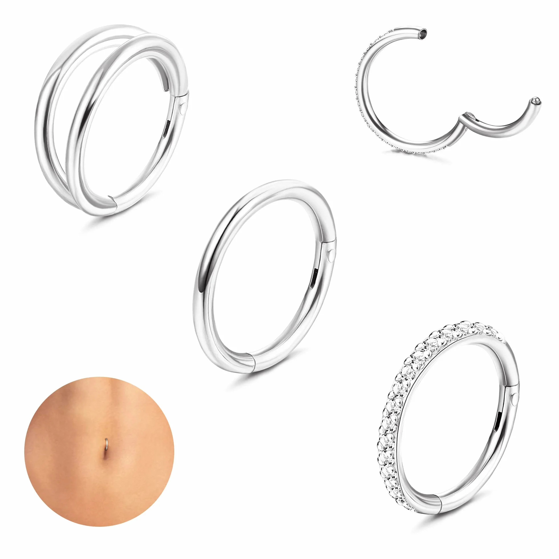 Adramata 3Pcs 14G 1.6MM Piercing Ombligo Acero Quirurgico Aro Septum Plata Oro Hélice Tragus Cartílago Oreja