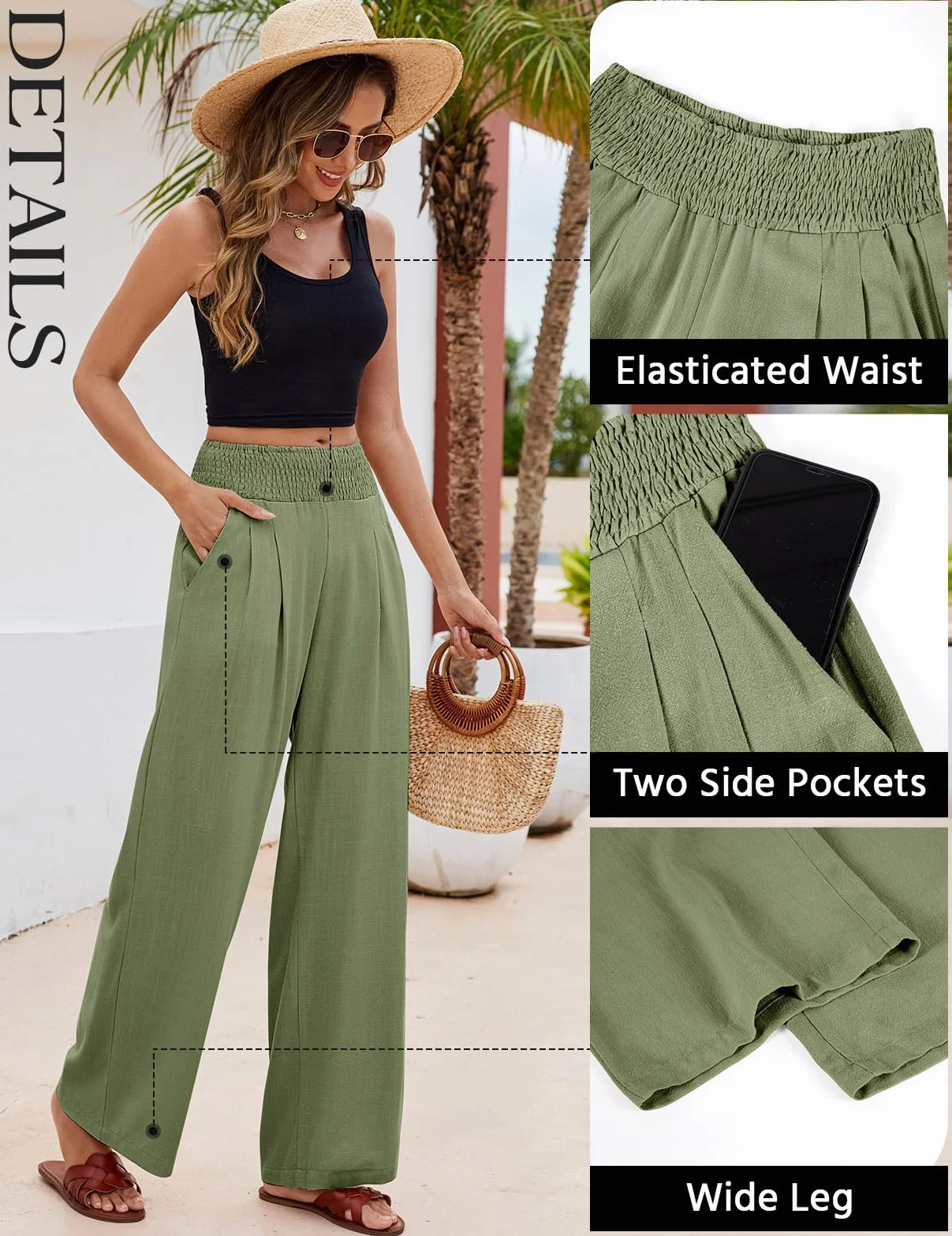 Pantalones de Lino Mujer Verano Algodón Cintura Alta Palazzo Pierna Ancha con Bolsillos