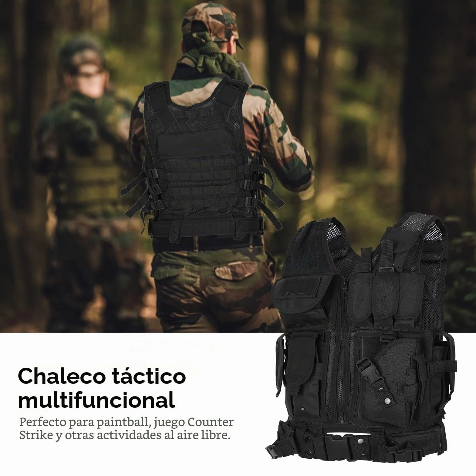 Lixada Chaleco táctico militar de poliéster para airsoft caza negro
