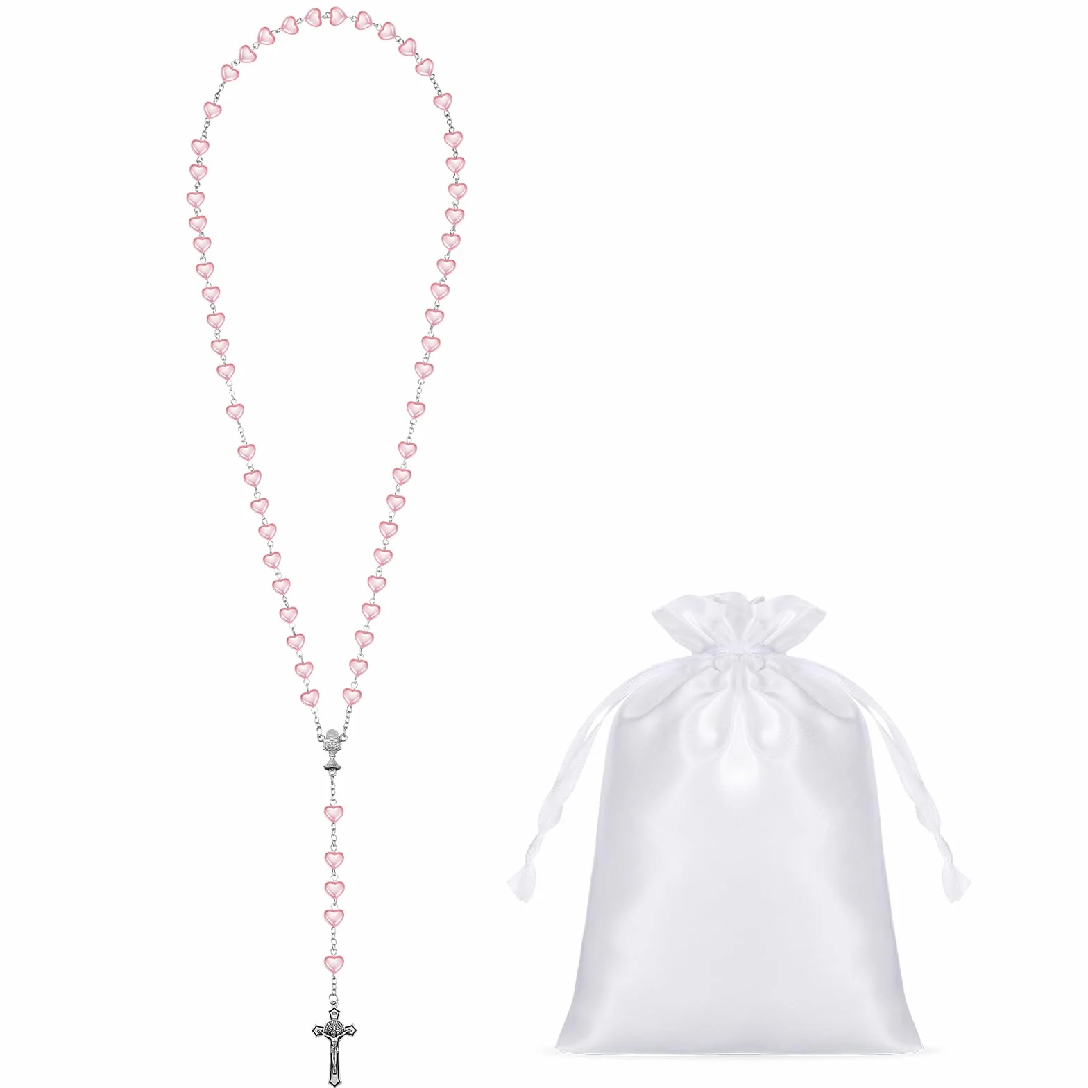 Sinmoe Set de 3 Rosario Corazón Primera Comunión con Tarjetas y Bolsa Cordón Collar Rosario Metálico Cruz Perlas Católicas para Niñas Niños Regalo Bautizo Rosa