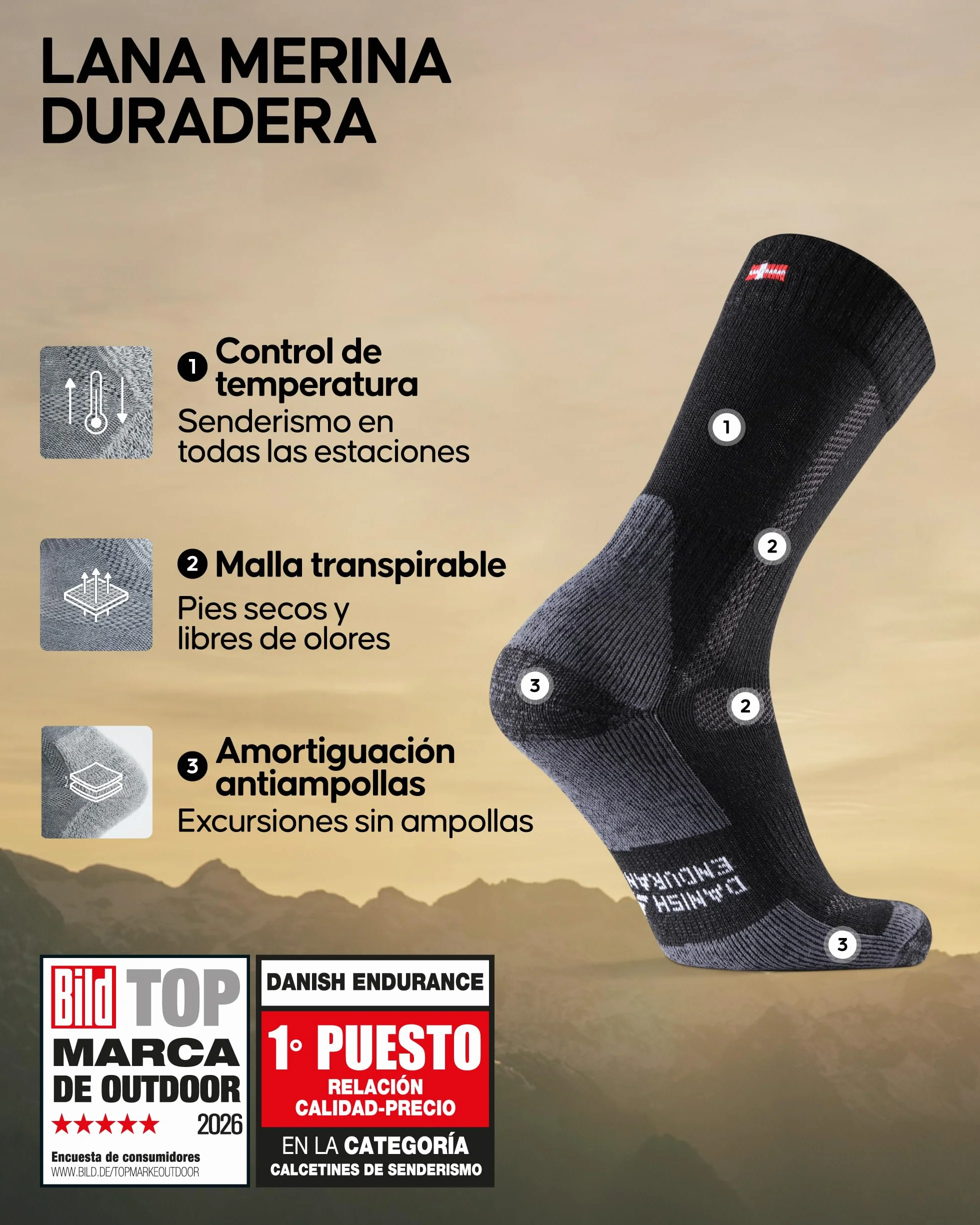 DANISH ENDURANCE Calcetines de Senderismo Unisex de Lana Merino con Acolchado Antiampollas, 3 Pack