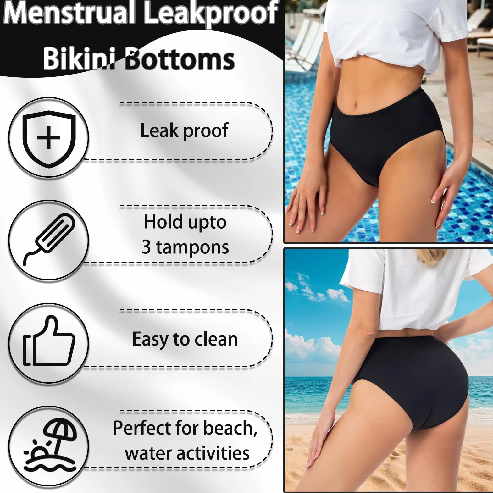 Bragas de Bikini menstruales Impermeables sin Costuras Anti Fugas para Piscina Playa Mujeres Negro