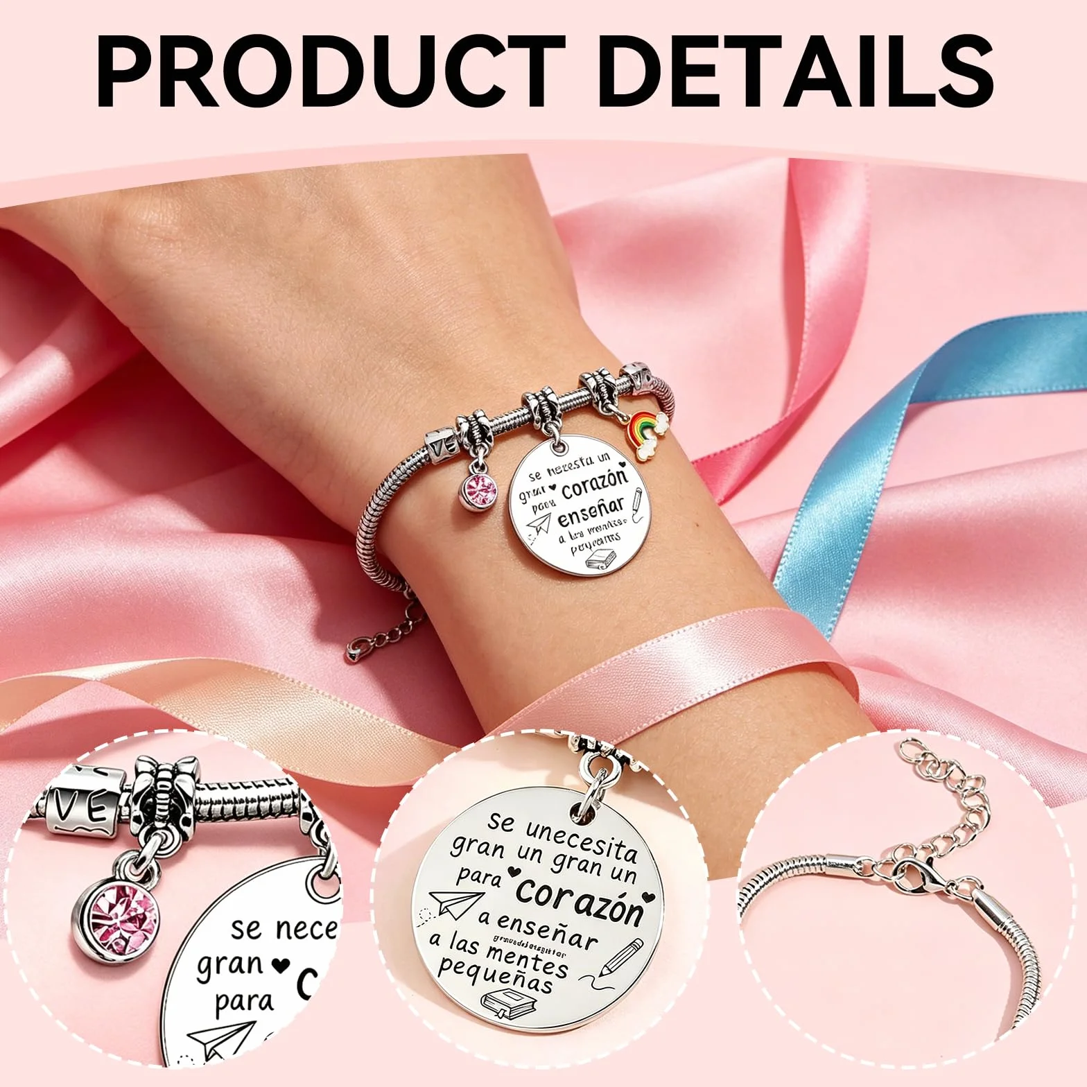 Pulsera ajustable con colgante grabado regalo profesora infantil