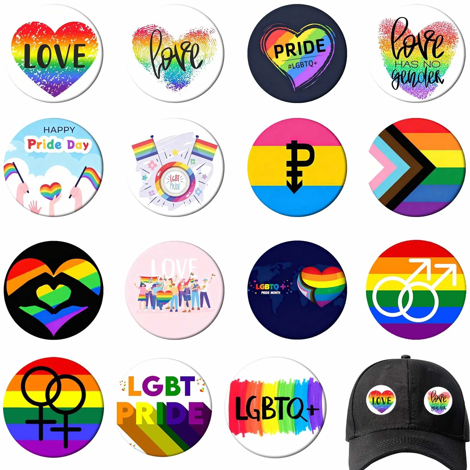 Chapas Pride LGBTQ 15 Piezas 44MM, Insignias Arcoíris LGBT, Pines Redondos de Metal, Set Broches Orgullo