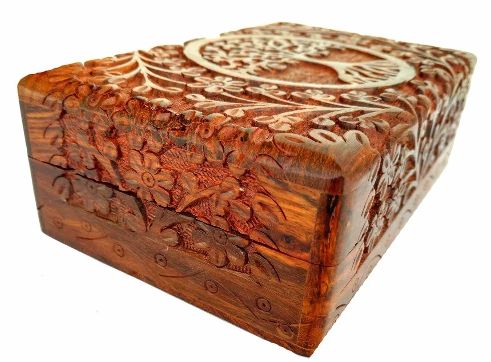 Cofre del Tesoro Decorativo de Madera Tallada a mano con Patrón de árbol de la Vida, Almacenamiento de Joyas, Caja de Reloj, 8 x 5 pulgadas
