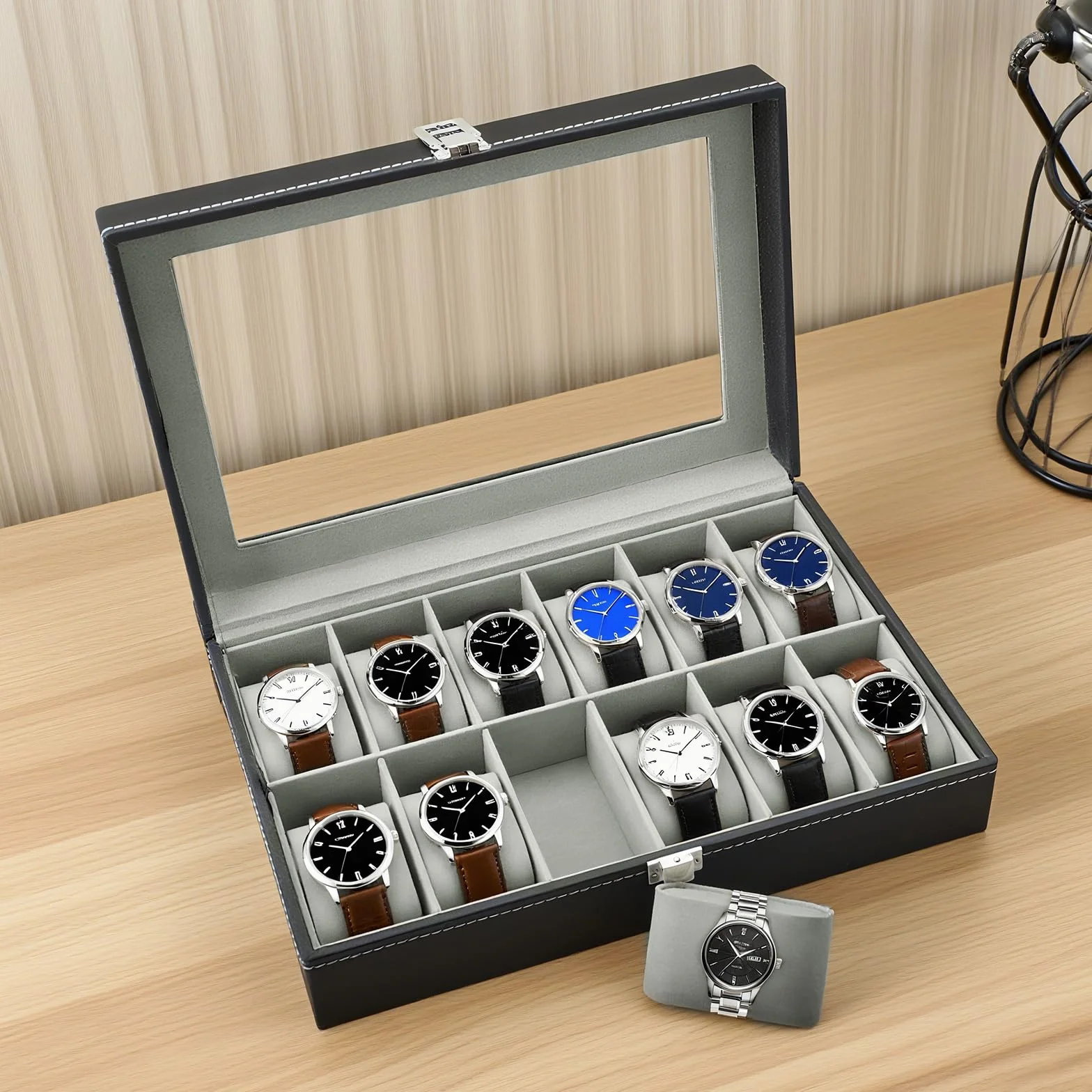 Caja de Relojes 12 Compartimentos, Estuche de Relojes de PU Cuero con Tapa de Acrílico y Cojines Extraíbles
