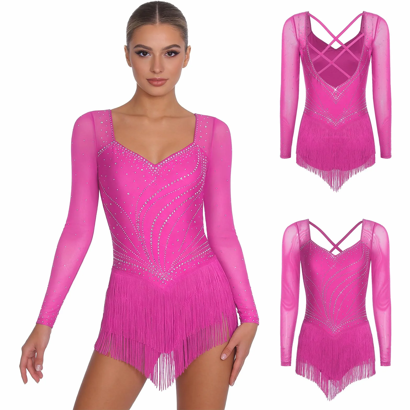 Vestido de Baile Salsa con Flecos Manga Larga Pedrería Brillante Latino Profesional Rumba Vals